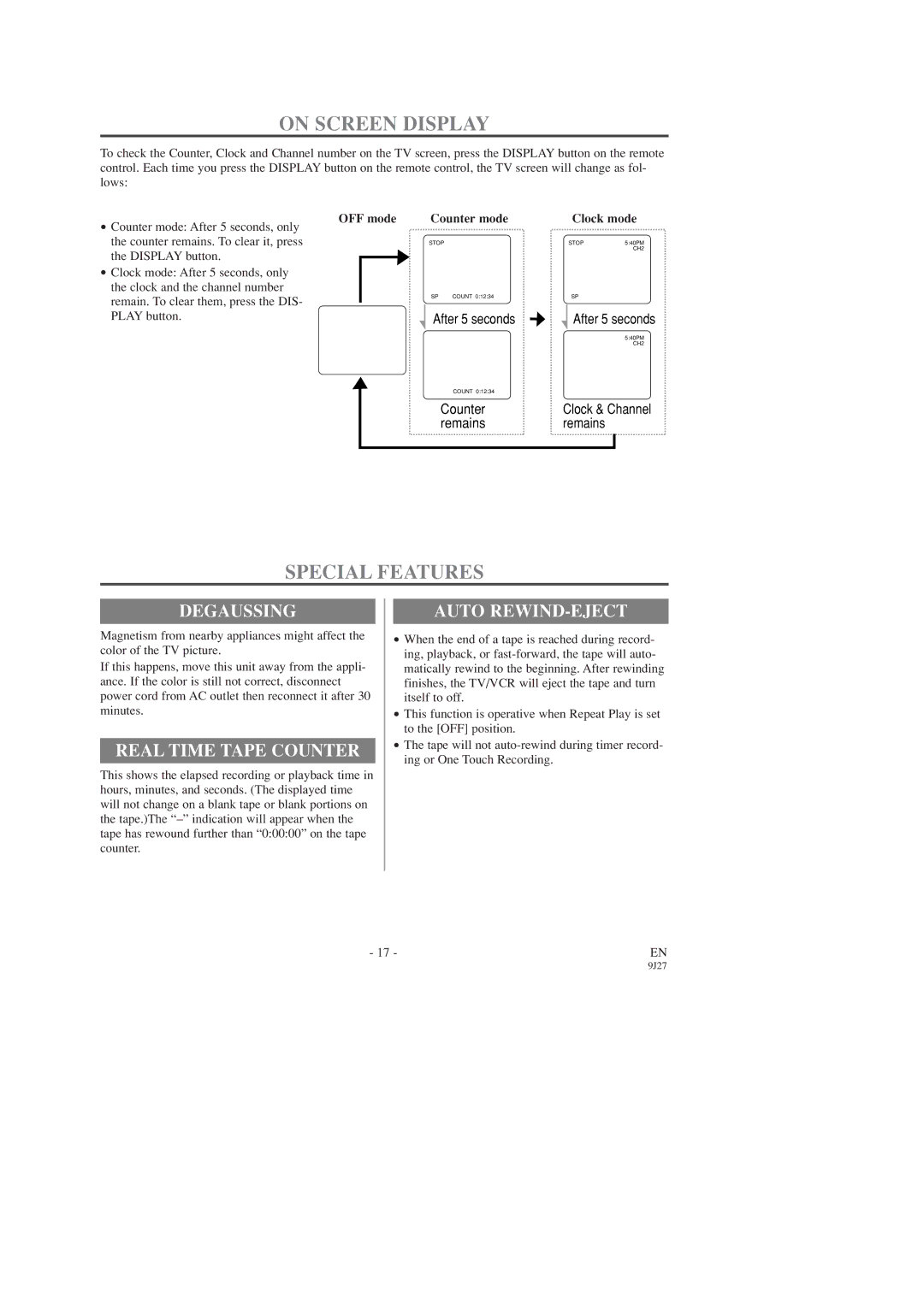 Sylvania C6309CD owner manual On Screen Display, Special Features, Degaussing, Real Time Tape Counter, Auto REWIND-EJECT 