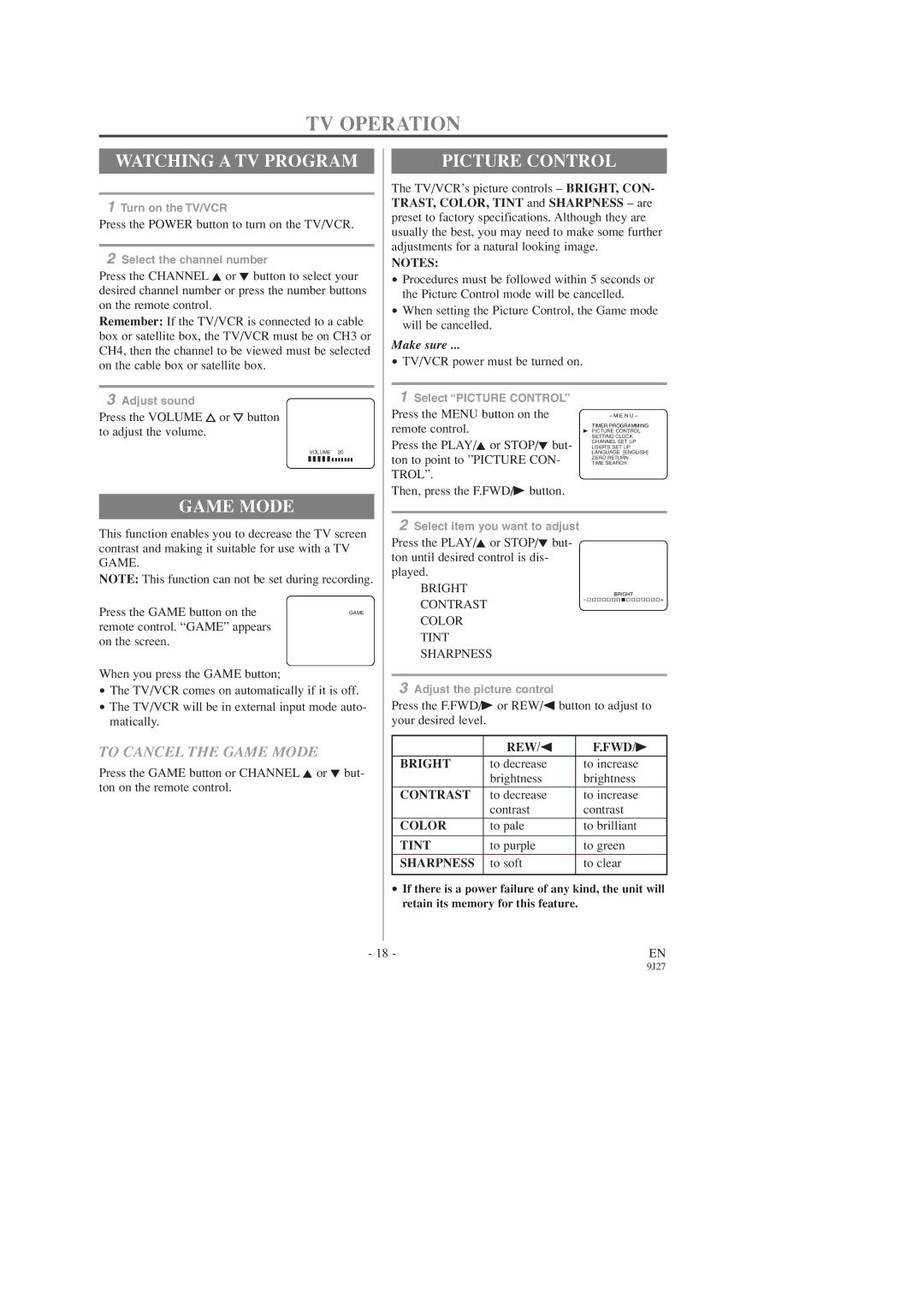 Sylvania C6309CD owner manual TV Operation, Watching a TV Program, Picture Control, To Cancel the Game Mode 