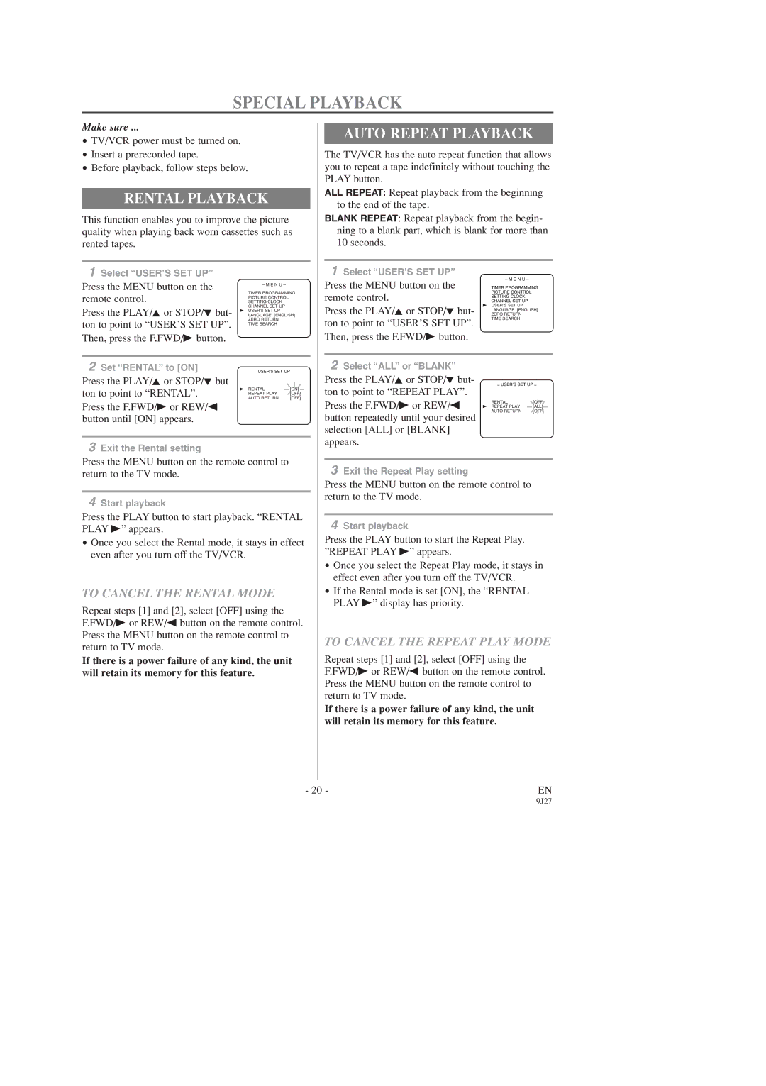 Sylvania C6309CD owner manual Special Playback, Rental Playback, Auto Repeat Playback, To Cancel the Rental Mode 