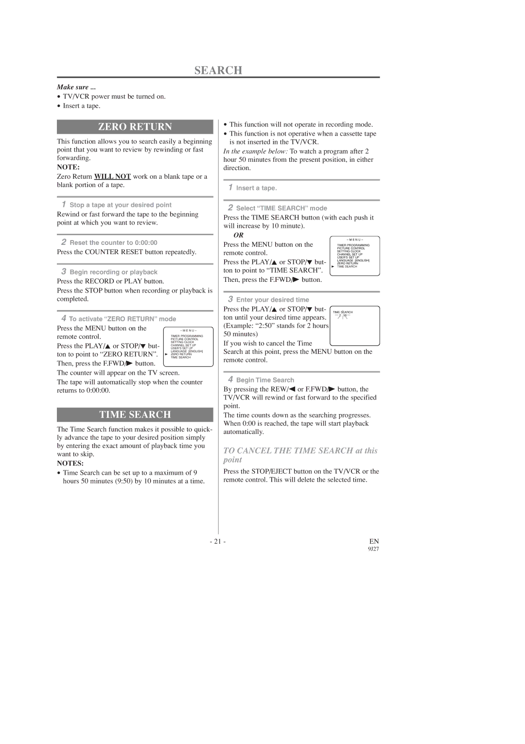 Sylvania C6309CD owner manual Zero Return, Time Search 