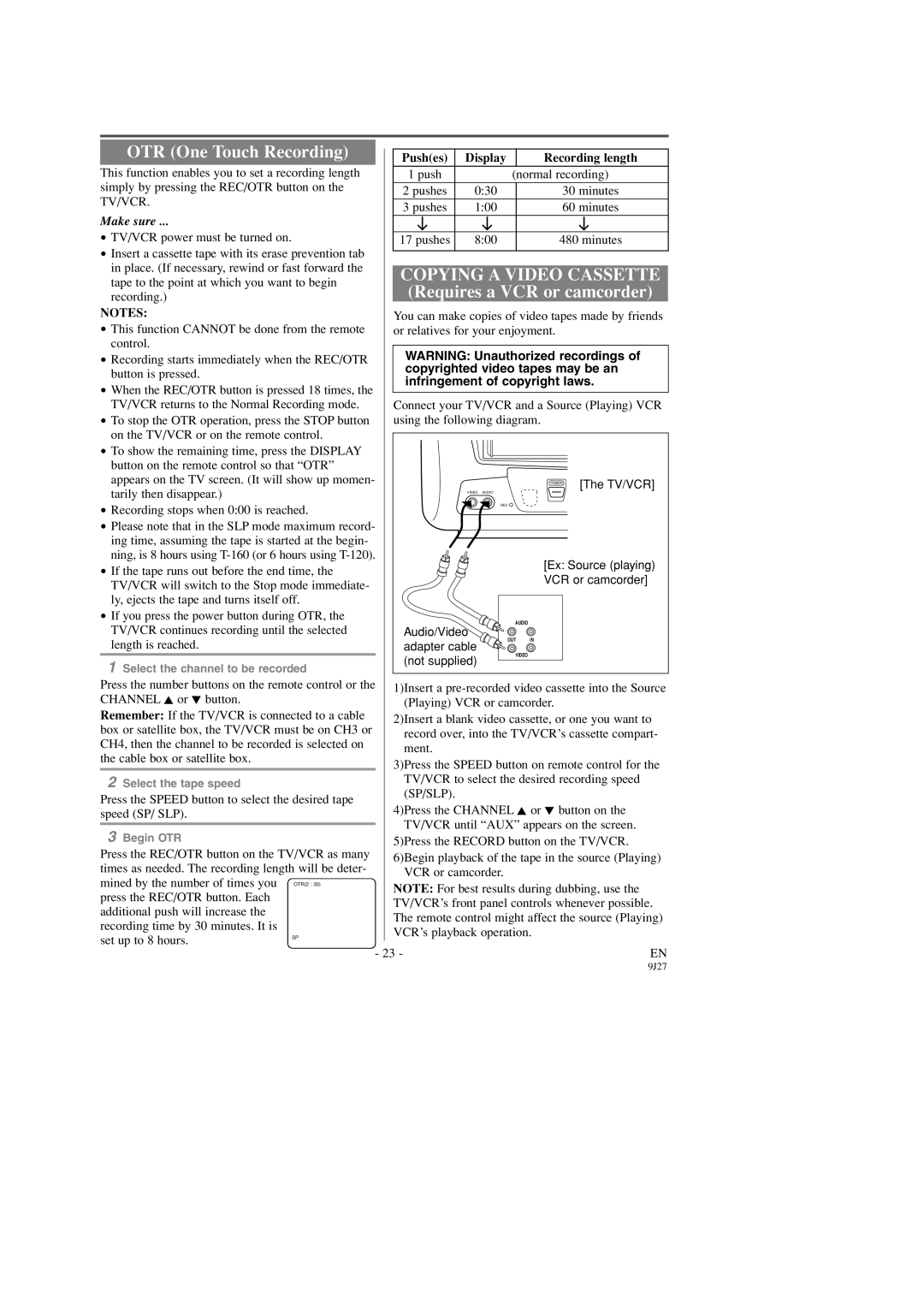 Sylvania C6309CD owner manual OTR One Touch Recording 