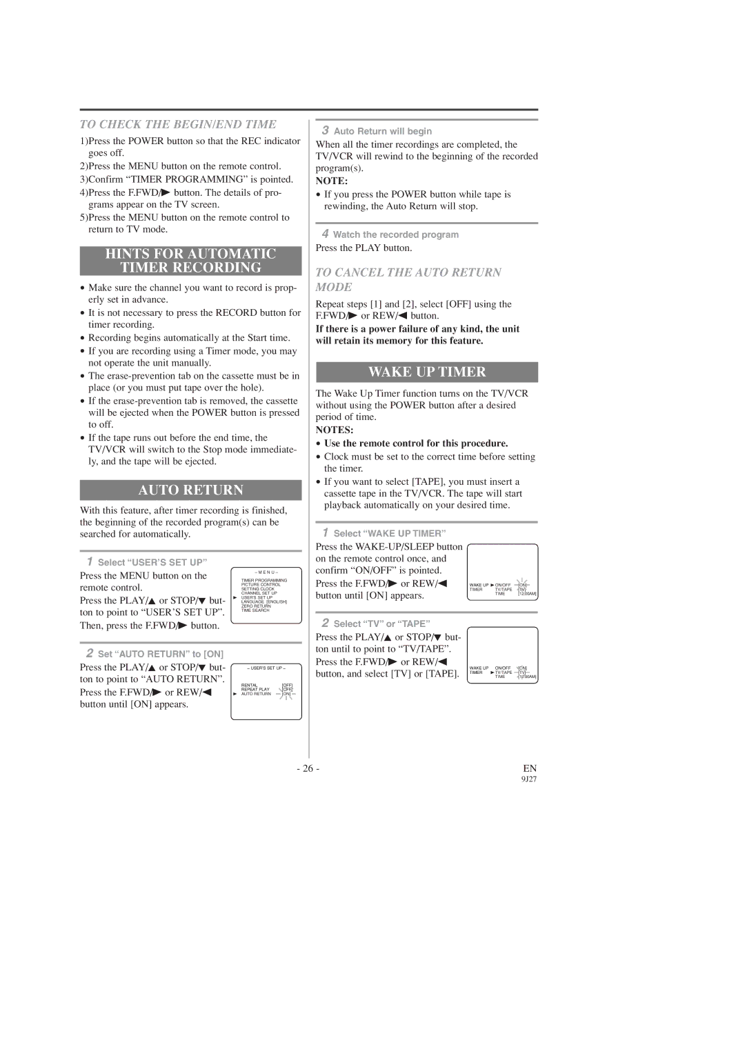 Sylvania C6309CD owner manual Hints for Automatic Timer Recording, Auto Return, Wake UP Timer, To Check the BEGIN/END Time 