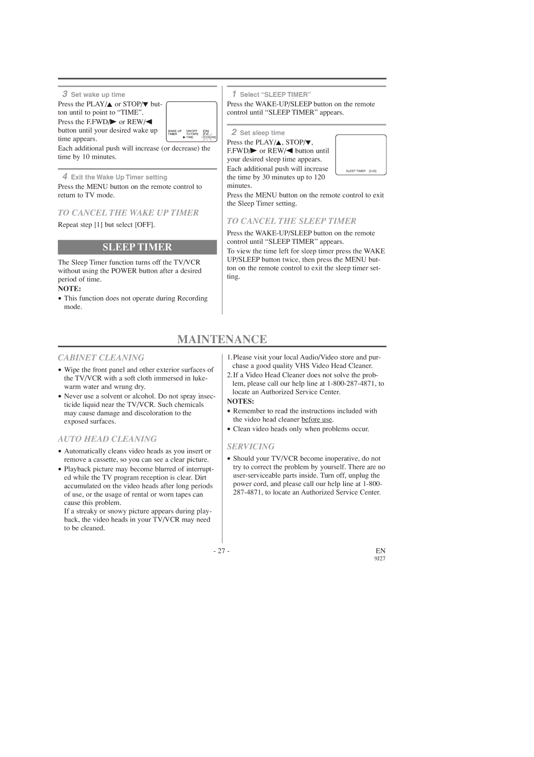 Sylvania C6309CD owner manual Maintenance, Sleep Timer 