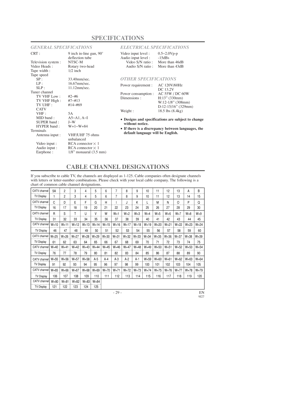 Sylvania C6309CD Cable Channel Designations, General Specifications, Electrical Specifications, Other Specifications 