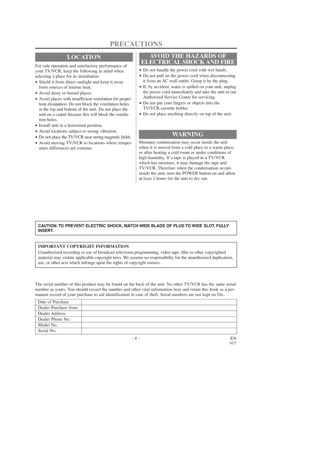 Sylvania C6309CD Precautions, Location, Avoid the Hazards Electrical Shock and Fire, Important Copyright Information 