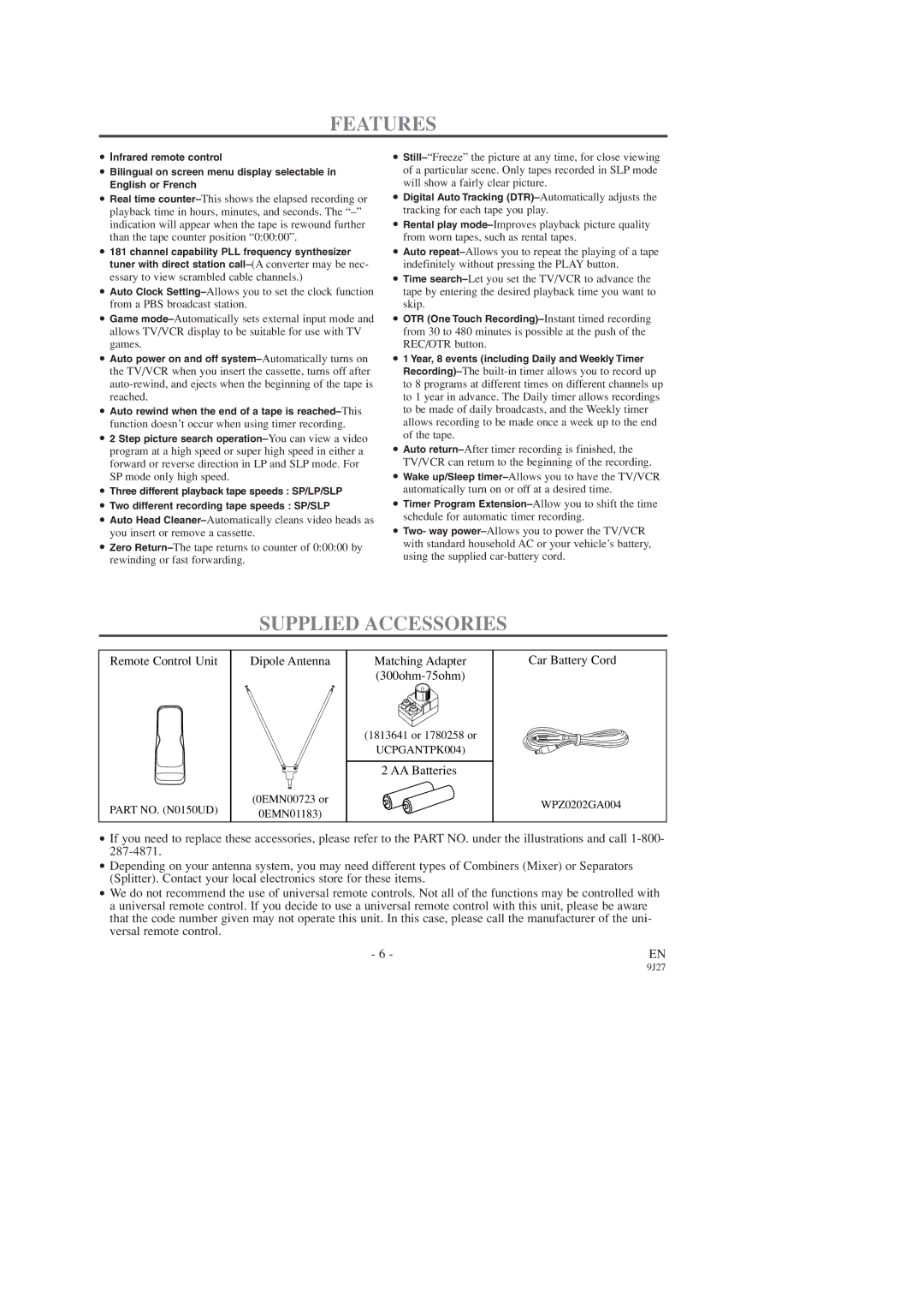 Sylvania C6309CD owner manual Features, Supplied Accessories 