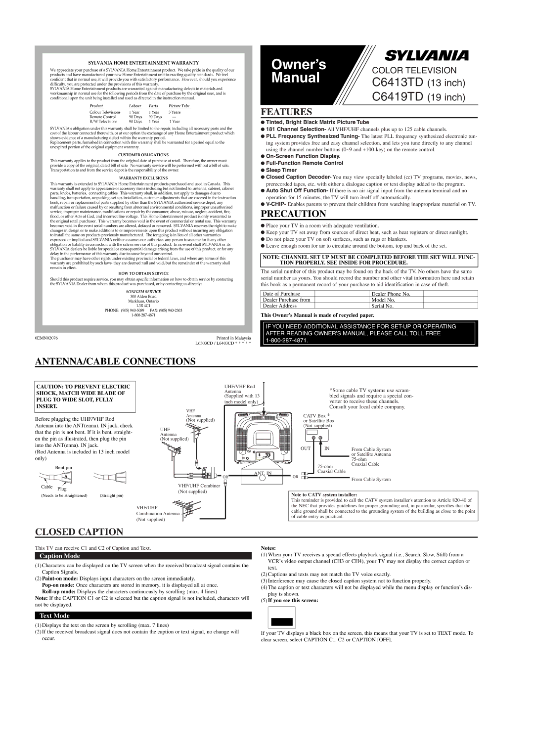 Sylvania C6413TD, C5419TD owner manual Owner’s, Manual, Features, Closed Caption 