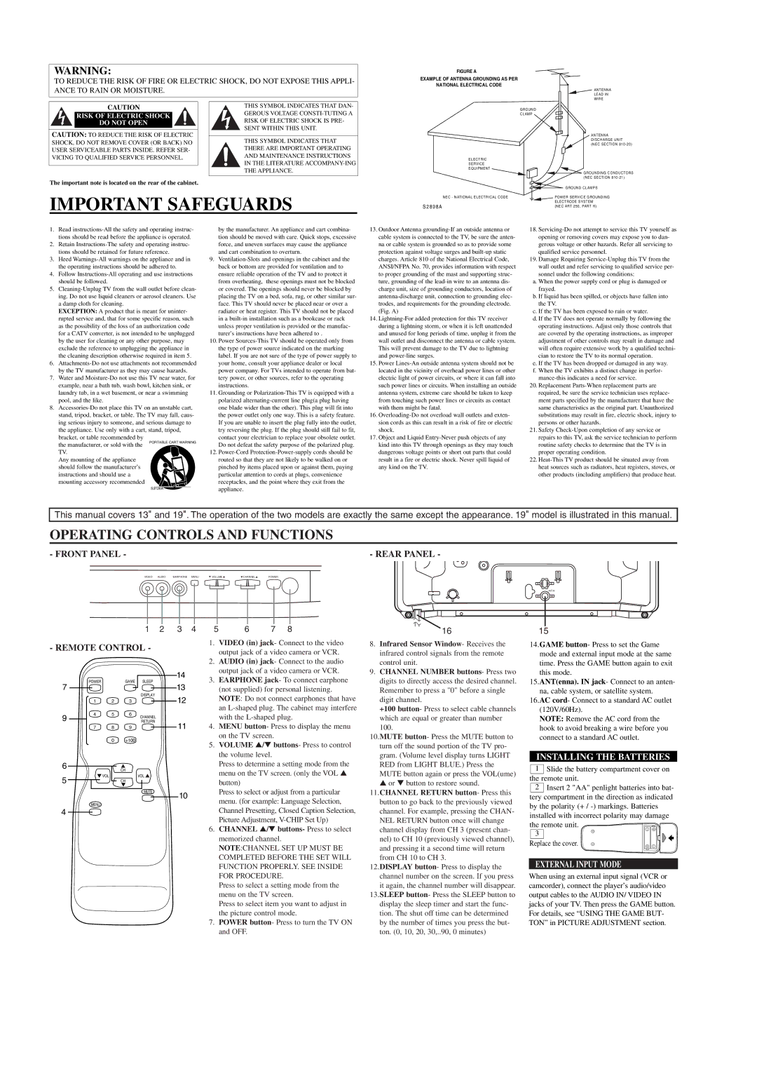 Sylvania C6413TD, C5419TD owner manual Important Safeguards, Operating Controls and Functions, Installing the Batteries 