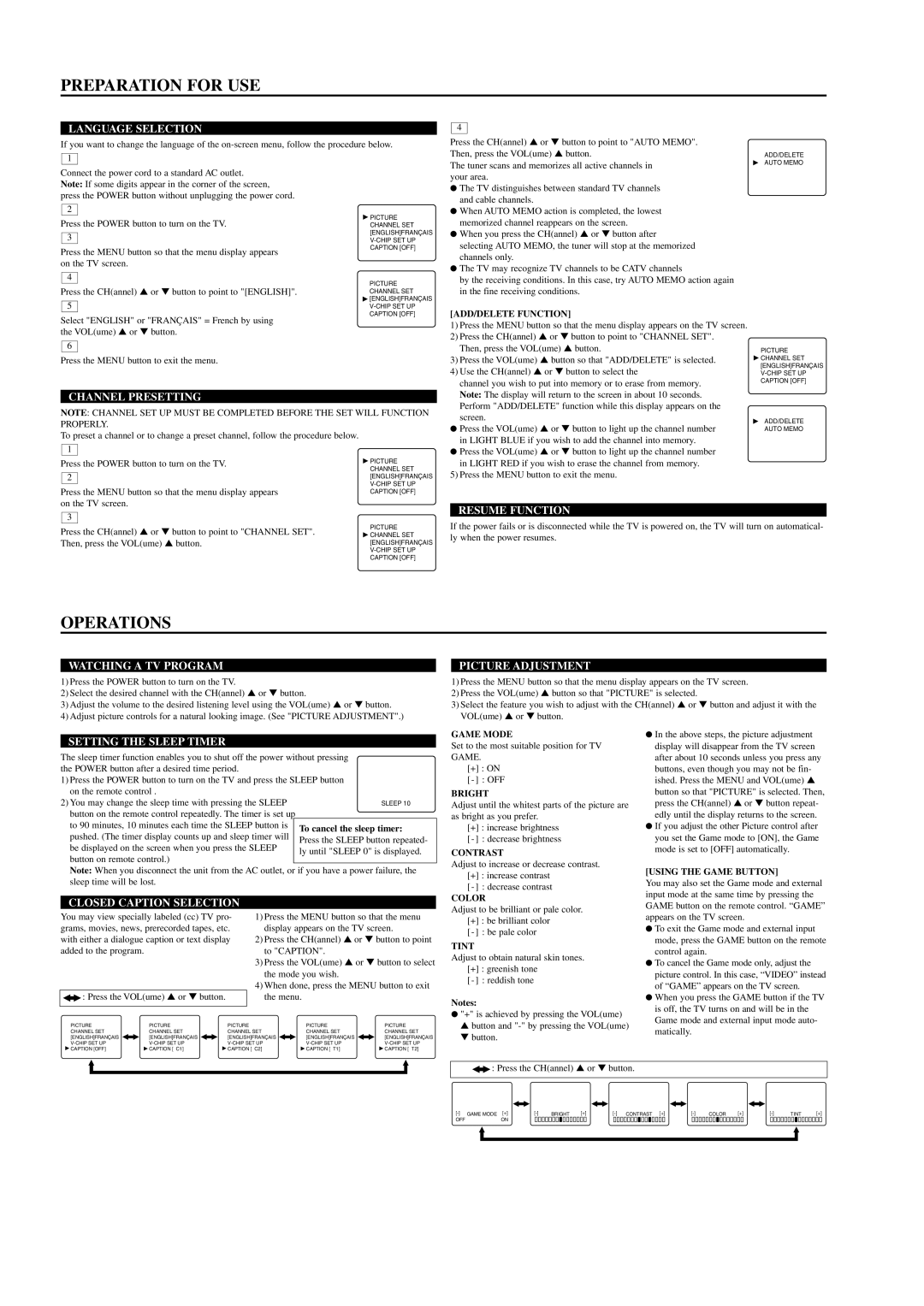 Sylvania C6413TD, C5419TD owner manual Preparation for USE, Operations 