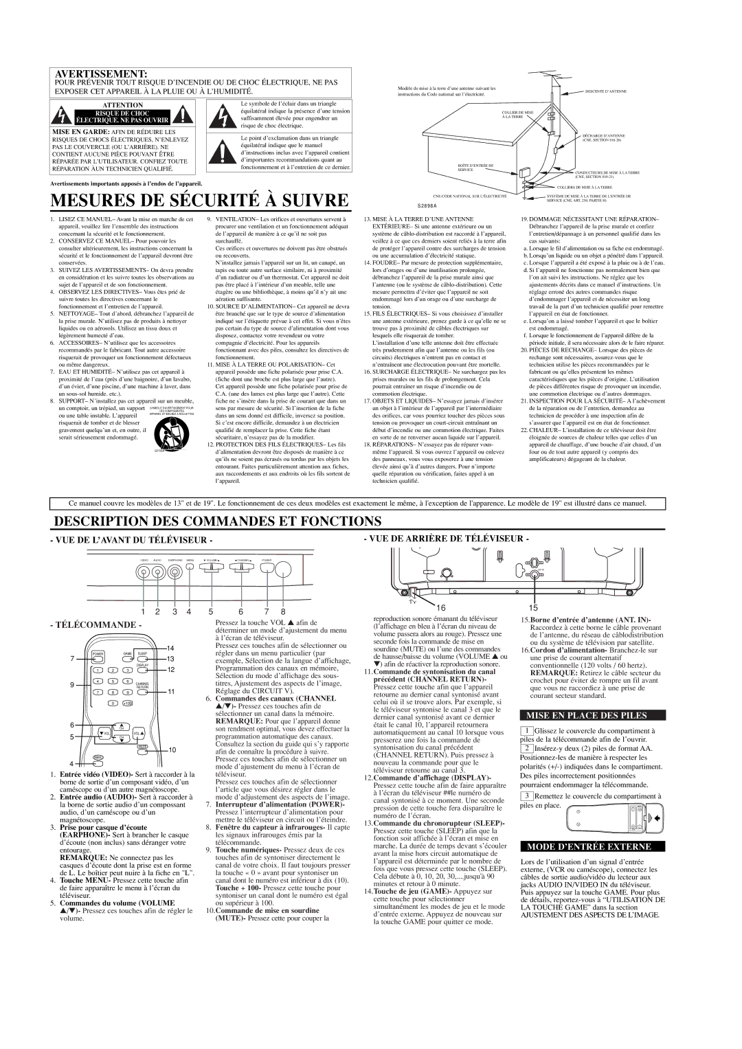 Sylvania C6413TD, C5419TD owner manual Mesures DE Sécurité À Suivre, Description DES Commandes ET Fonctions, Avertissement 