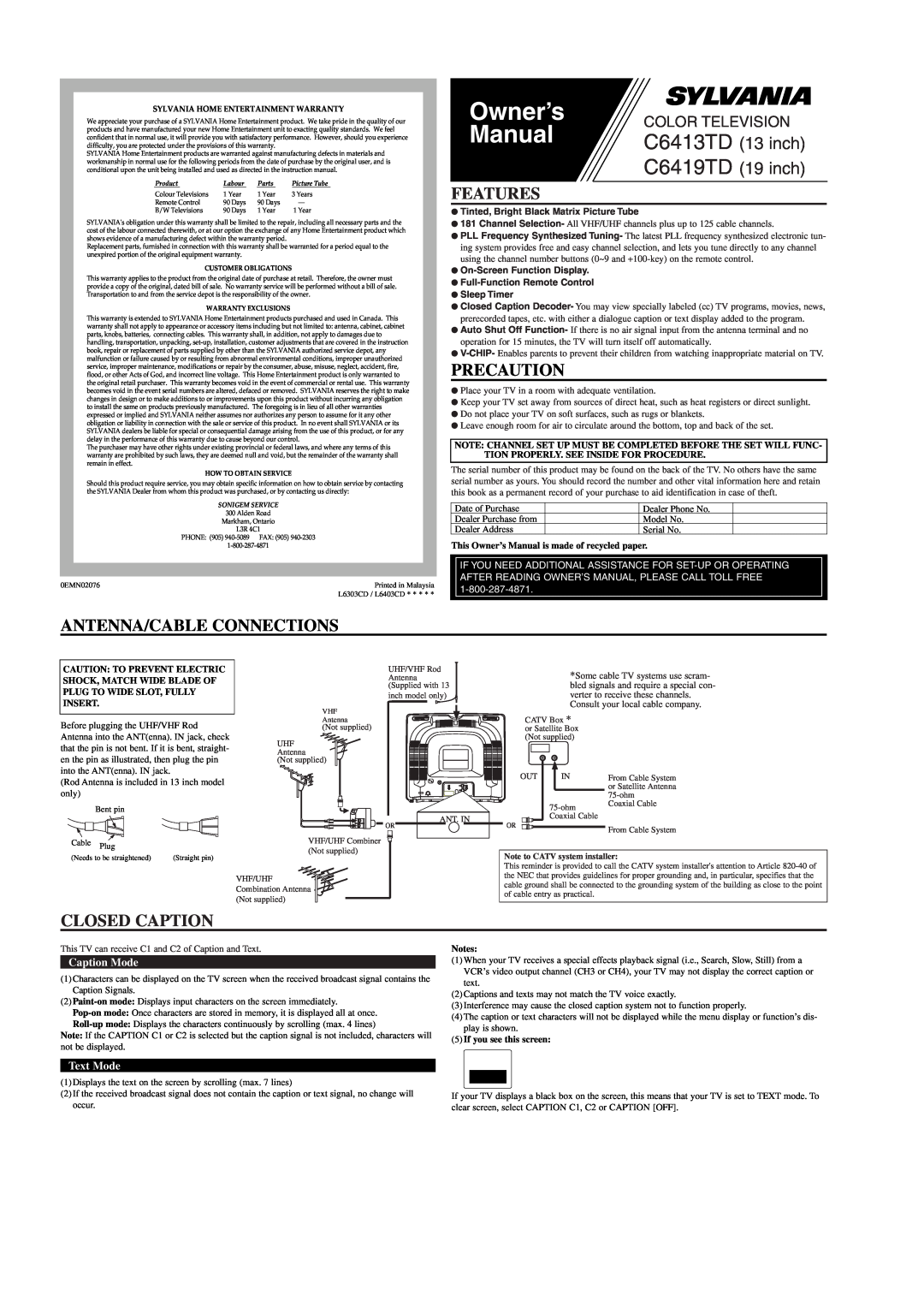 Sylvania C6413TD, C5419TD owner manual Owner’s, Manual, Features, Precaution, Antenna/Cable Connections, Closed Caption 