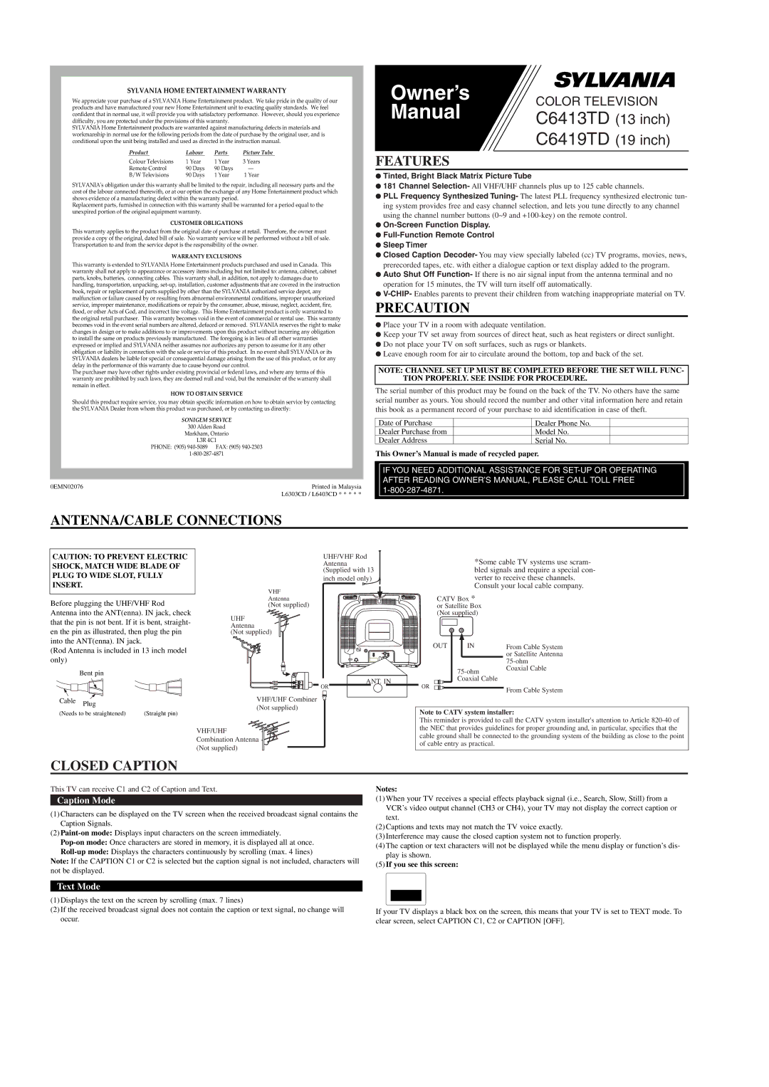 Sylvania C6413TD owner manual Owner’s, Manual, Features, Closed Caption 