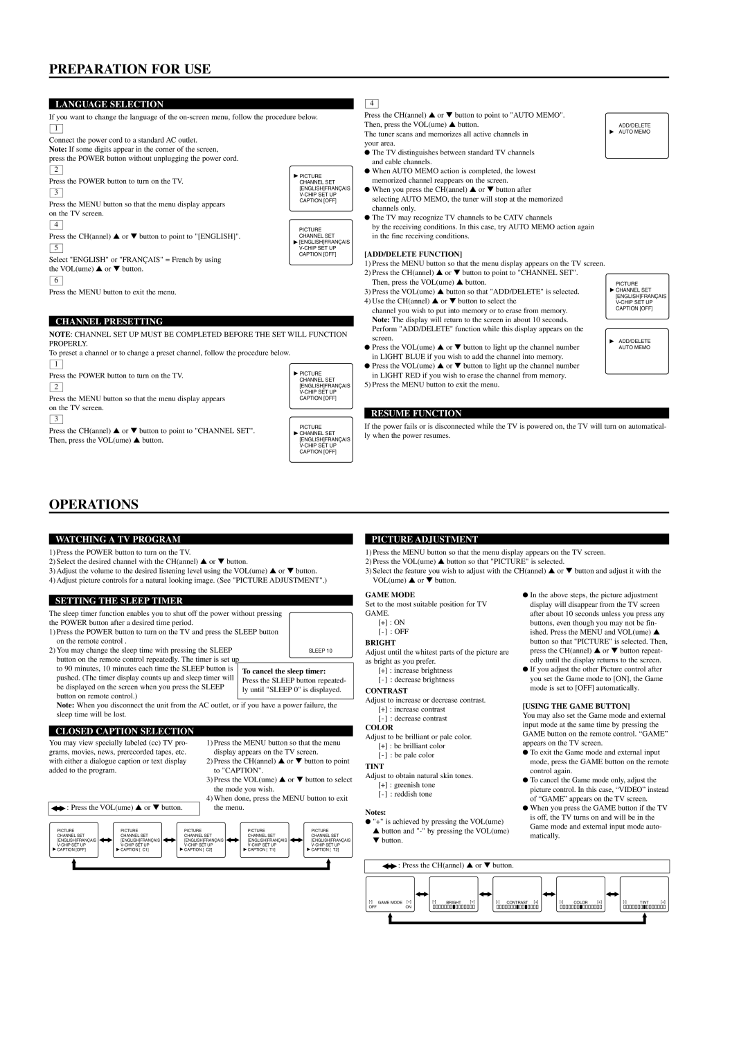 Sylvania C6413TD owner manual Preparation for USE, Operations 