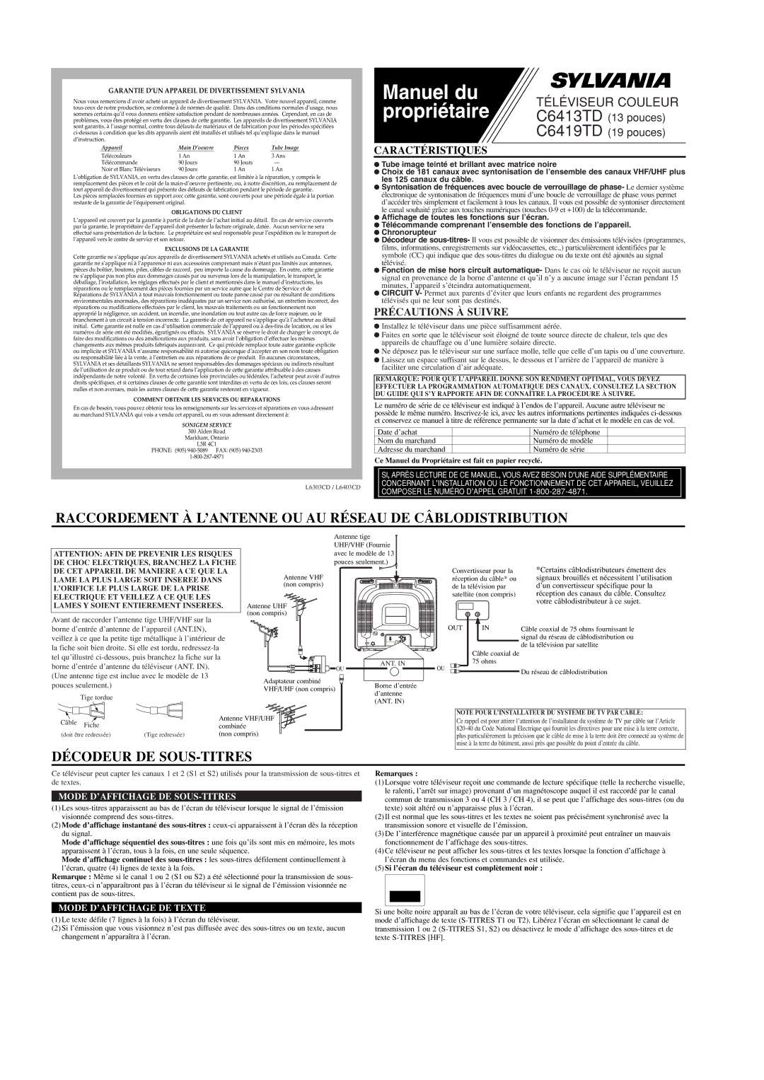 Sylvania Manuel du, Propriétaire C6413TD 13 pouces, Raccordement À L’ANTENNE OU AU Réseau DE Câblodistribution 