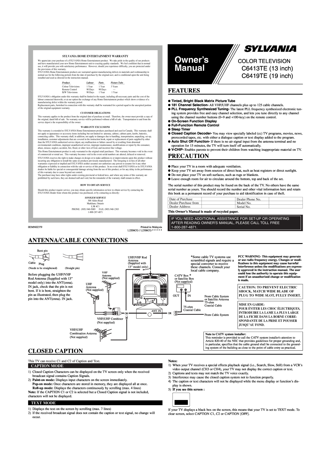 Sylvania C6413TE, C5419TE owner manual Owner’s, Manual, Features, Precaution, Antenna/Cable Connections, Closed Caption 