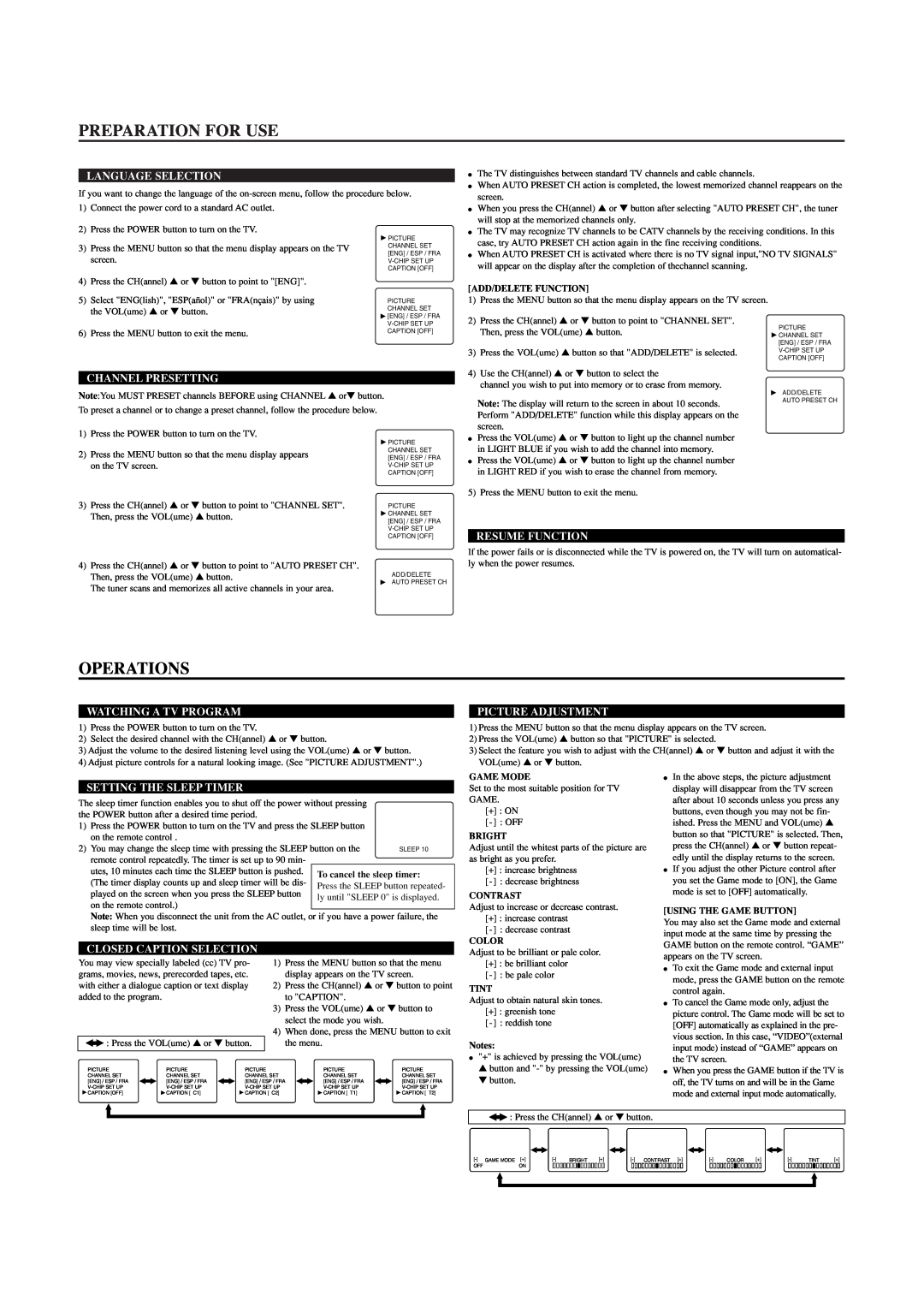 Sylvania C6413TE, C5419TE Preparation For Use, Operations, Language Selection, Channel Presetting, Resume Function, Bright 