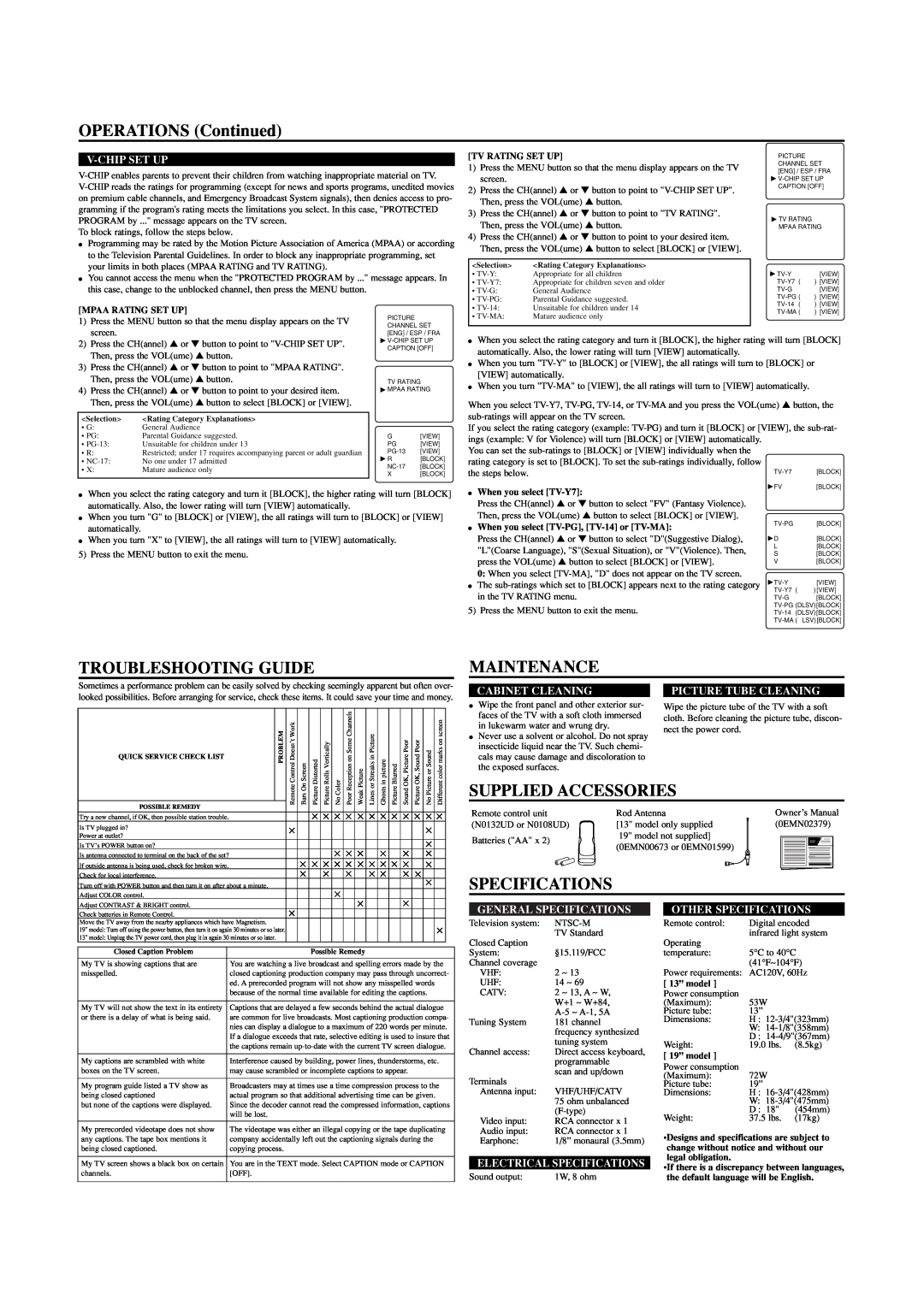 Sylvania C6413TE, C5419TE OPERATIONS Continued, Troubleshooting Guide, Maintenance, Supplied Accessories, Specifications 