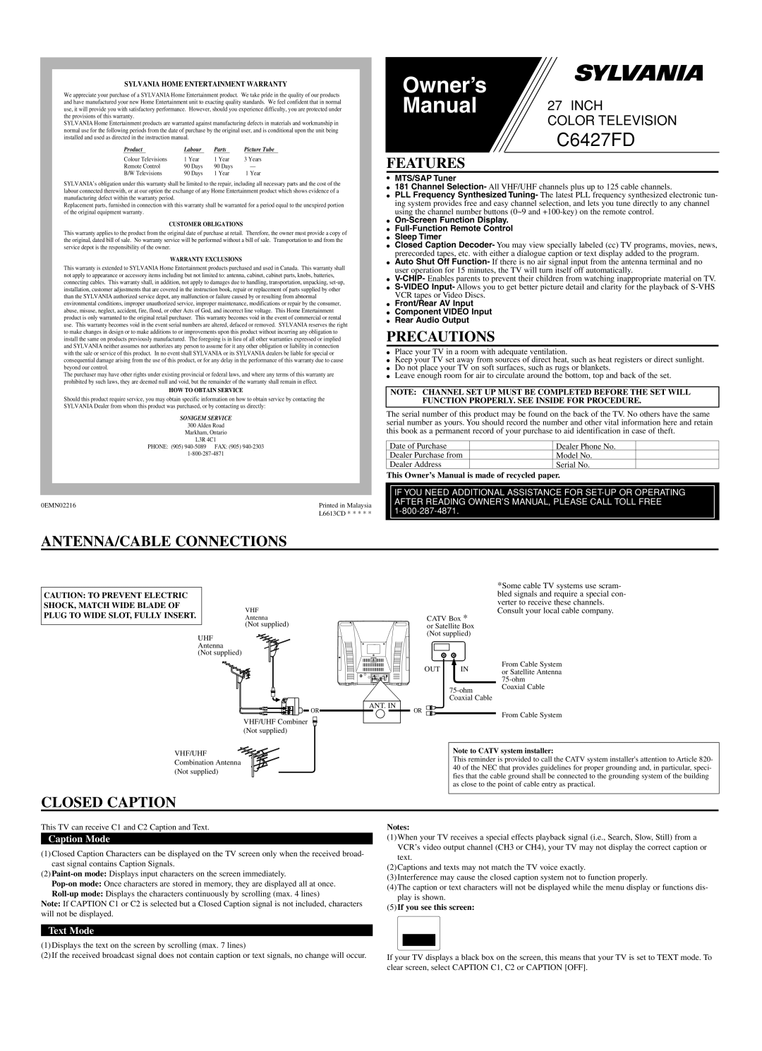 Sylvania C6427FD owner manual Features, Precautions, ANTENNA/CABLE Connections, Closed Caption 