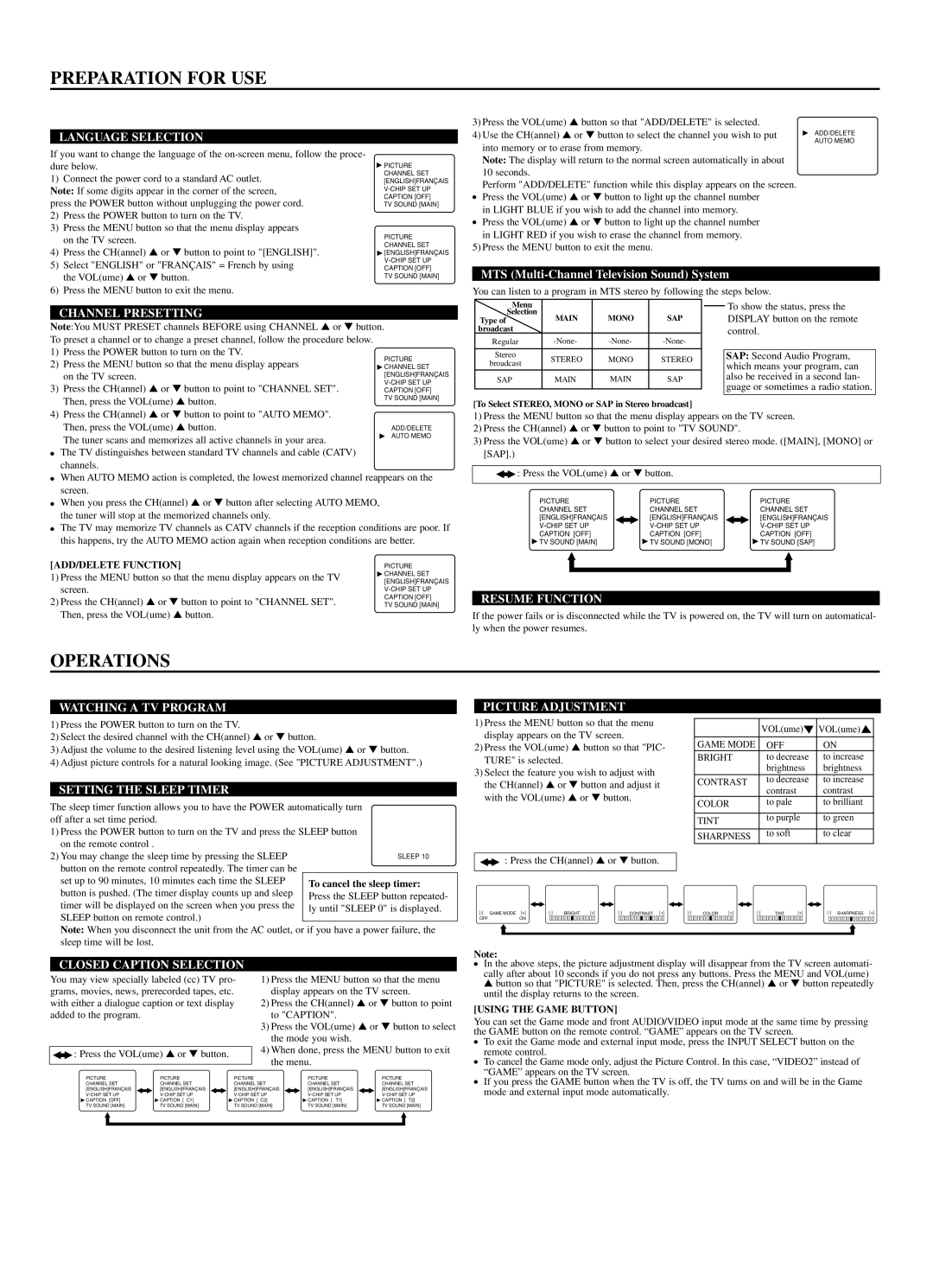 Sylvania C6427FD owner manual Preparation for USE, Operations 