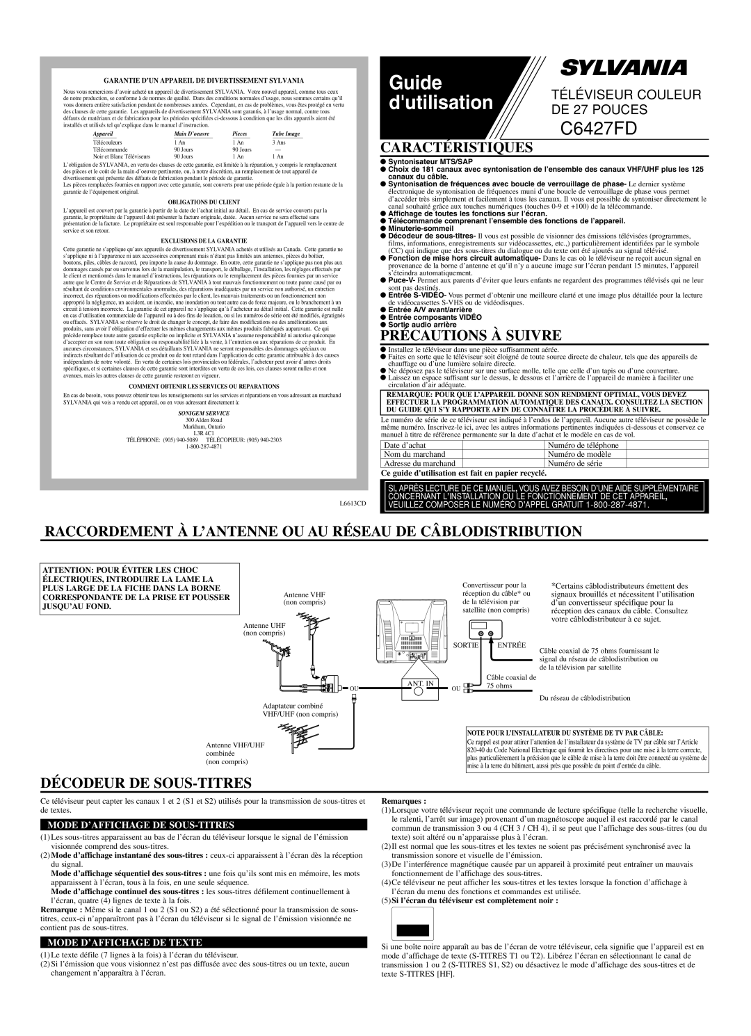 Sylvania C6427FD Caractéristiques, Précautions À Suivre, Raccordement À L’ANTENNE OU AU Réseau DE Câblodistribution 