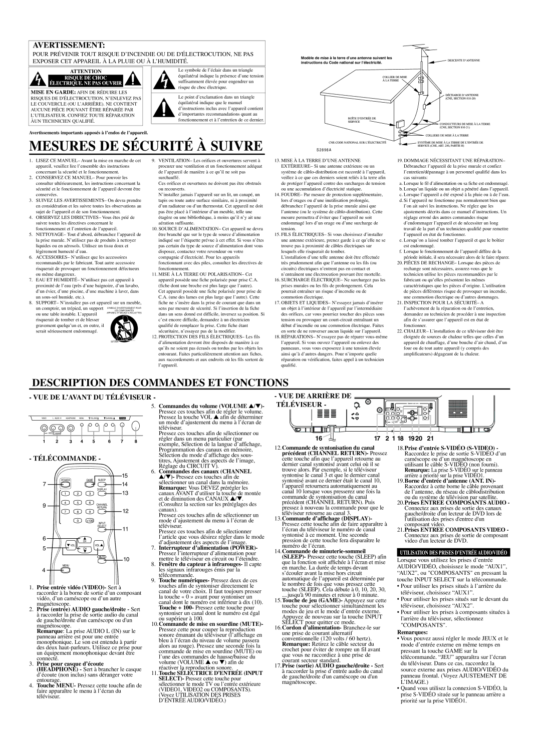 Sylvania C6427FD Mesures DE Sécurité À Suivre, Description DES Commandes ET Fonctions, Téléviseur, Télécommande 