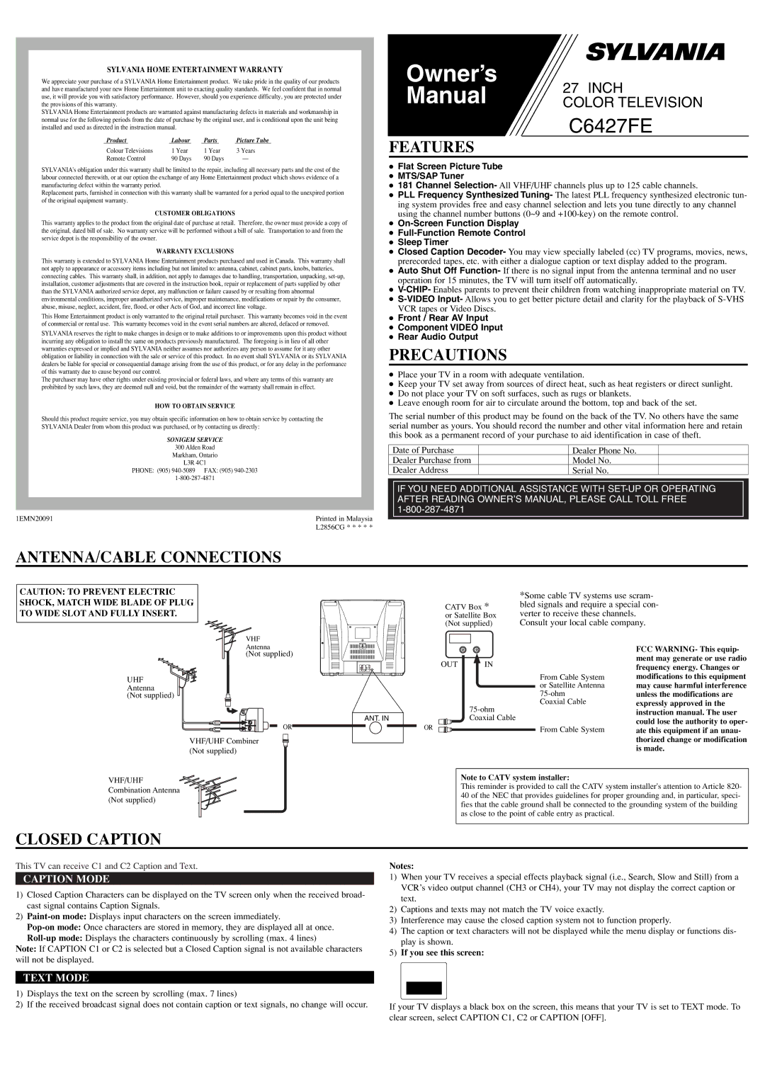 Sylvania C6427FE owner manual Features, Precautions, ANTENNA/CABLE Connections, Closed Caption 