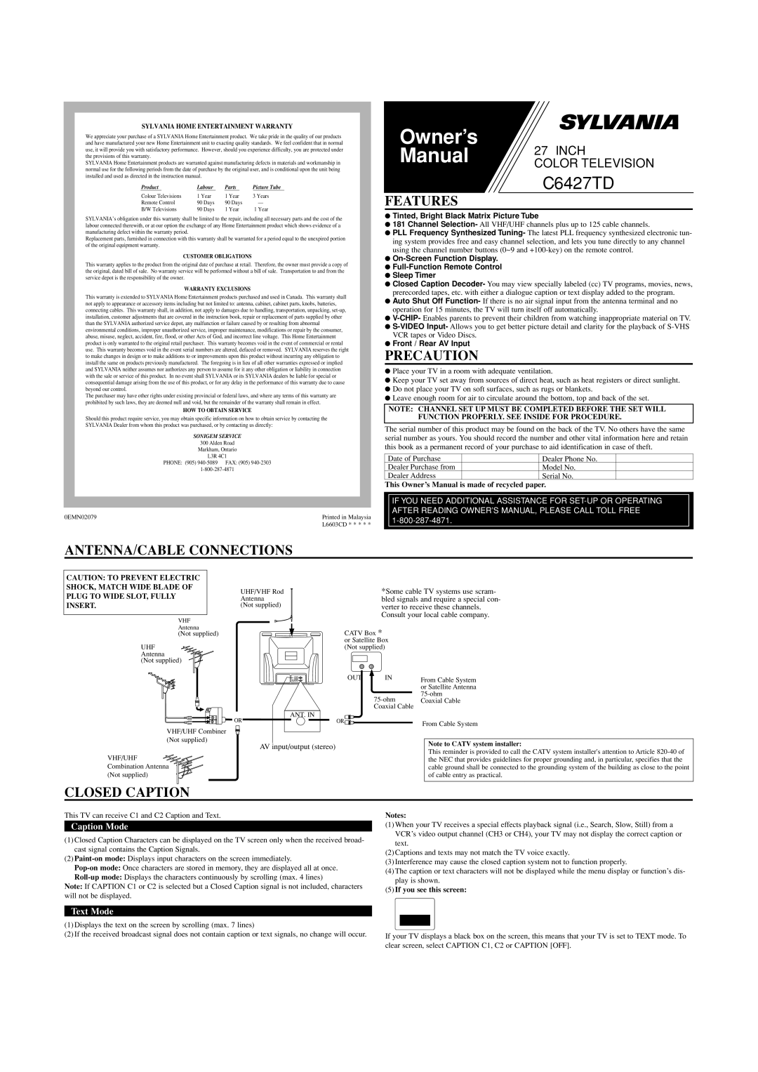 Sylvania C6427TD owner manual Features, Precaution, ANTENNA/CABLE Connections, Closed Caption, If you see this screen 