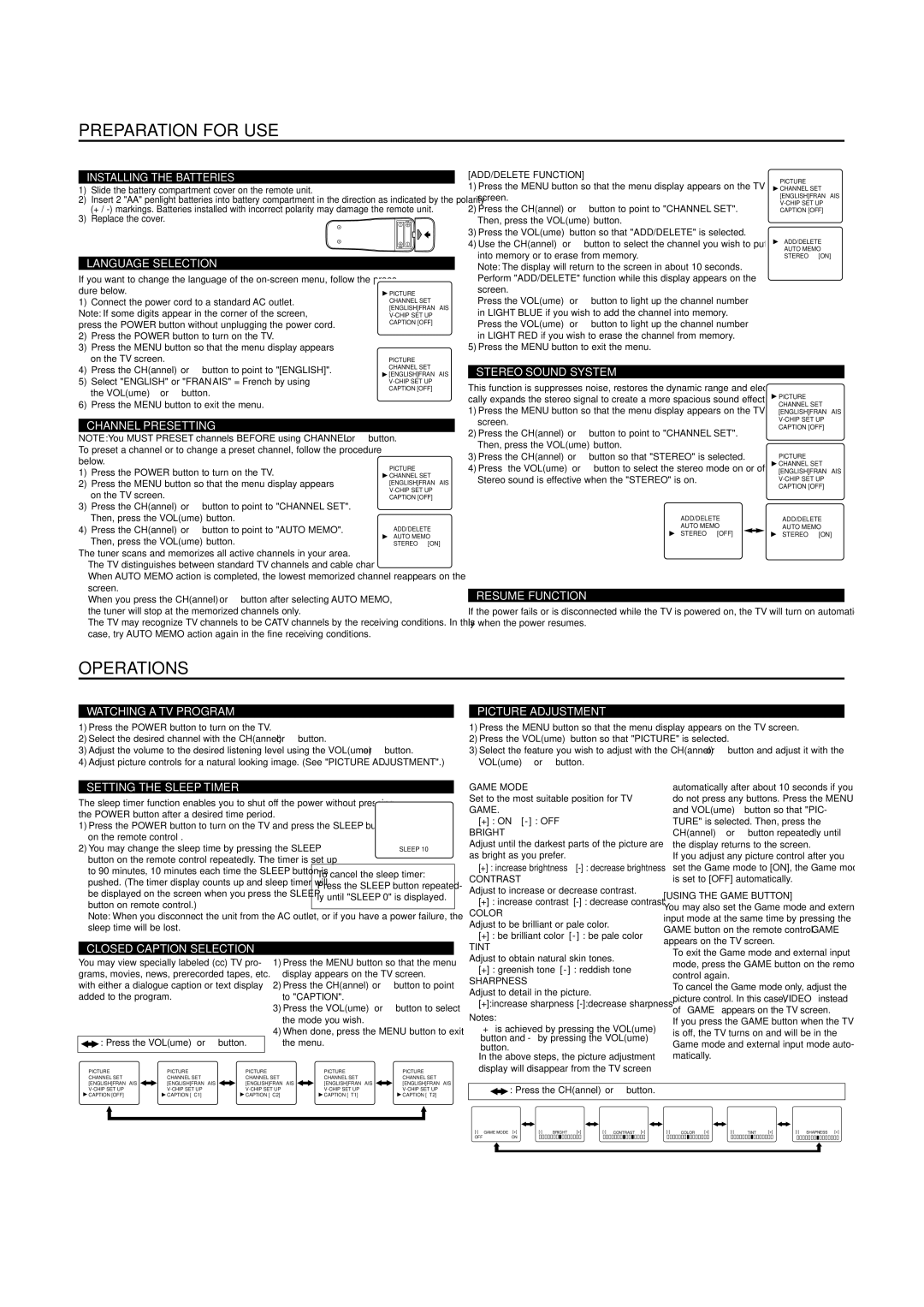 Sylvania C6427TD owner manual Preparation for USE, Operations 