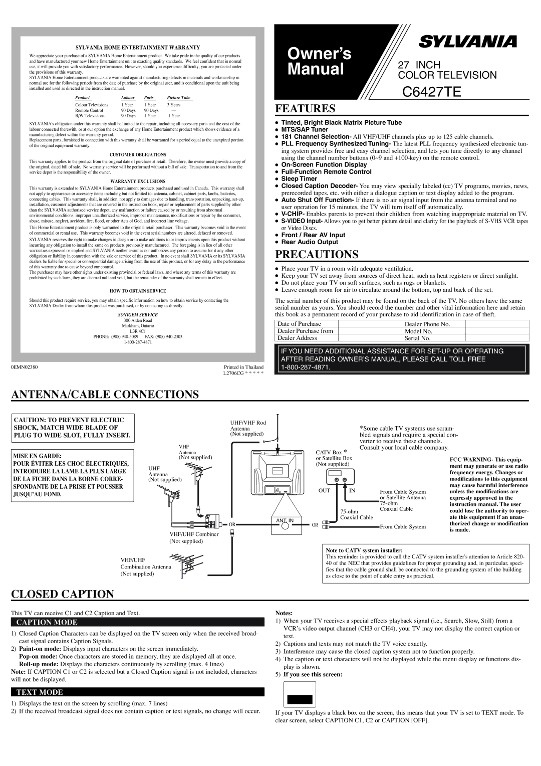 Sylvania C6427TE owner manual Features, Precautions, ANTENNA/CABLE Connections, Closed Caption 