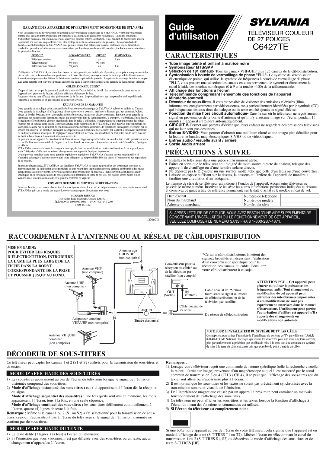 Sylvania C6427TE Caractéristiques, Précautions À Suivre, Raccordement À L’ANTENNE OU AU Réseau DE Câblodistribution 