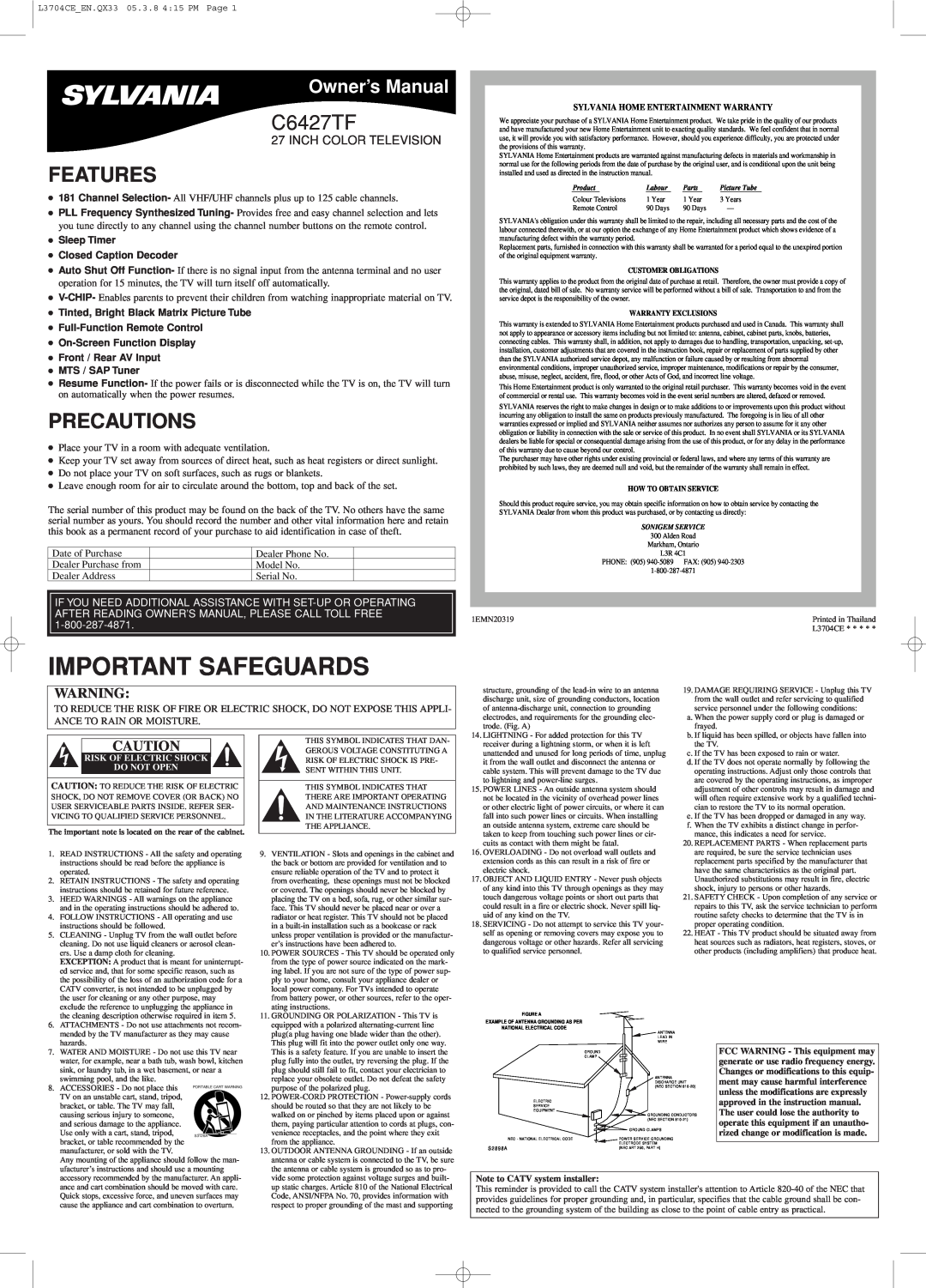Sylvania C6427TF owner manual Important Safeguards, Features, Precautions, Owner’s Manual, Inch Color Television 