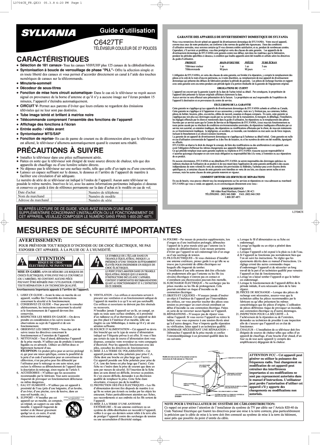 Sylvania C6427TF owner manual Mesures De Sécurité Importantes, Caractéristiques, Précautions À Suivre, Guide dutilisation 