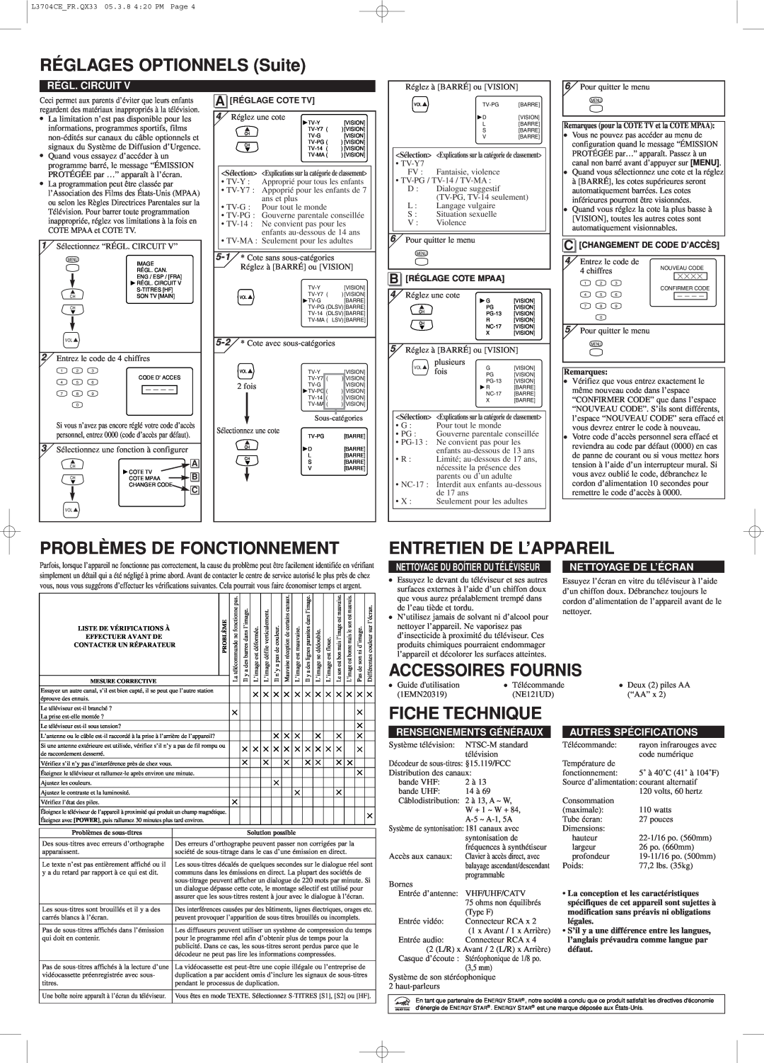 Sylvania C6427TF RÉGLAGES OPTIONNELS Suite, Problèmes De Fonctionnement, Entretien De L’Appareil, Accessoires Fournis 