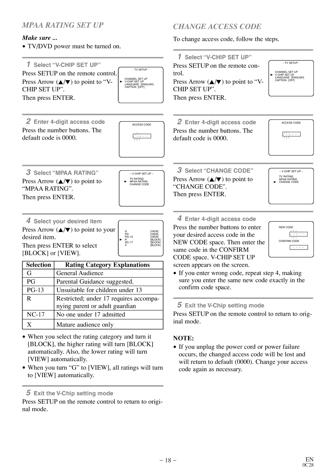 Sylvania C6513DE owner manual Mpaa Rating SET UP, Change Access Code 