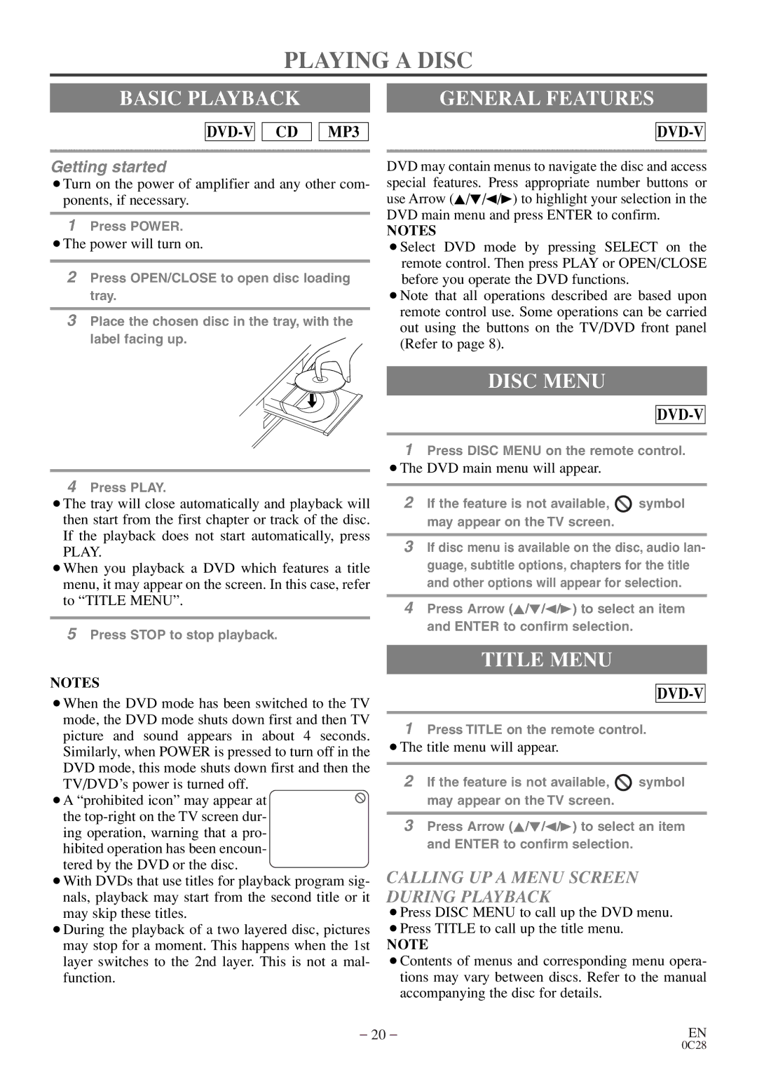 Sylvania C6513DE owner manual Playing a Disc, Basic Playback General Features, Disc Menu, Title Menu 