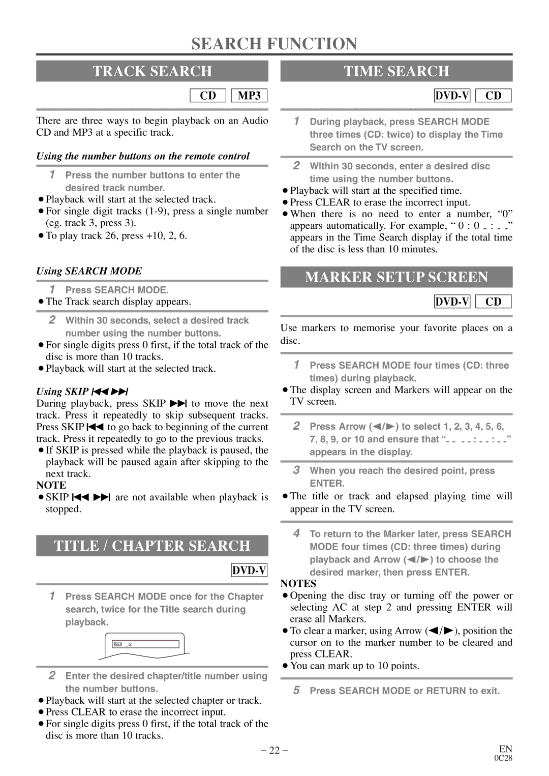 Sylvania C6513DE owner manual Search Function, Track Search Time Search, Marker Setup Screen, Title / Chapter Search 