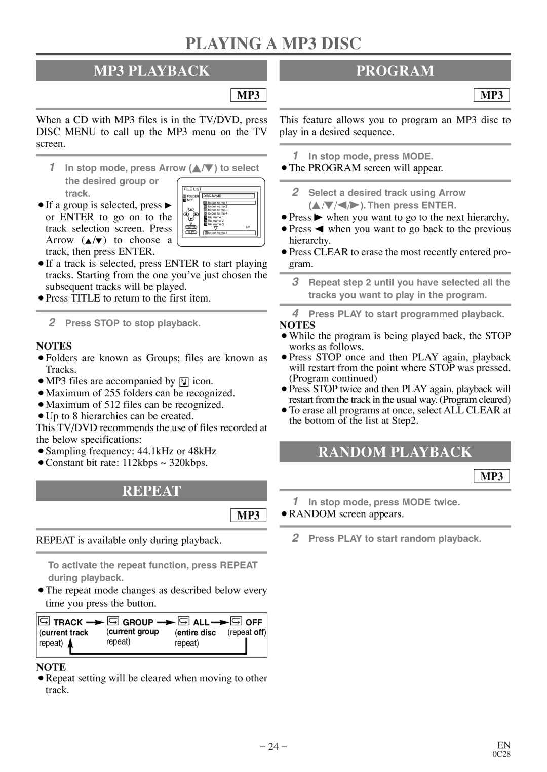 Sylvania C6513DE owner manual Playing a MP3 Disc, MP3 Playback, Repeat 