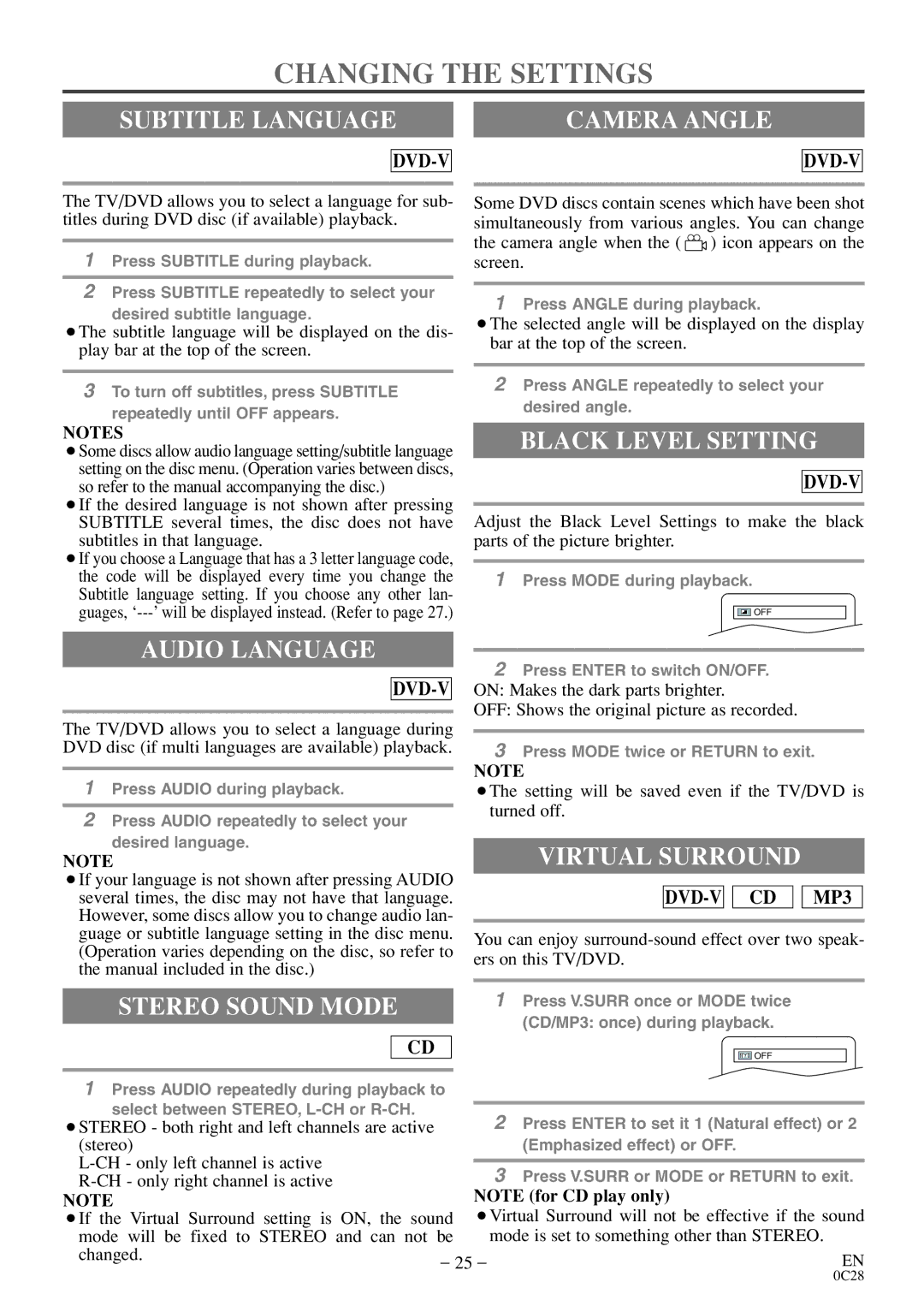 Sylvania C6513DE owner manual Changing the Settings 