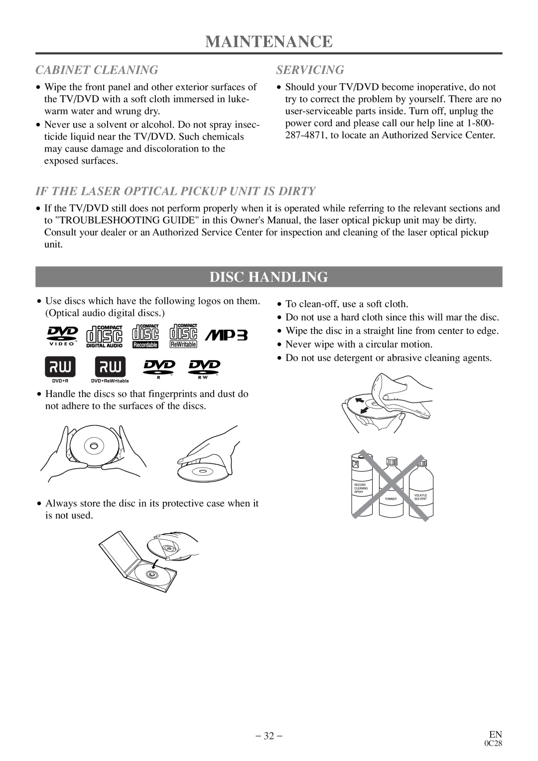 Sylvania C6513DE Maintenance, Disc Handling, Cabinet Cleaning, Servicing, If the Laser Optical Pickup Unit is Dirty 