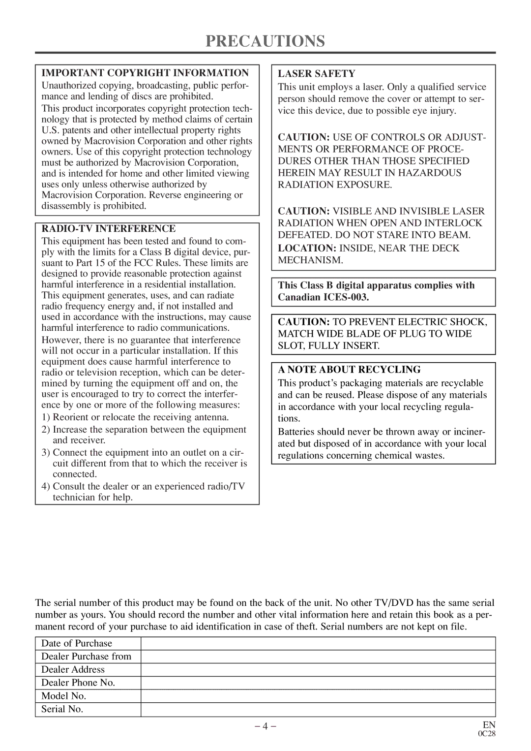 Sylvania C6513DE owner manual Precautions, RADIO-TV Interference, Laser Safety, Location INSIDE, Near the Deck Mechanism 