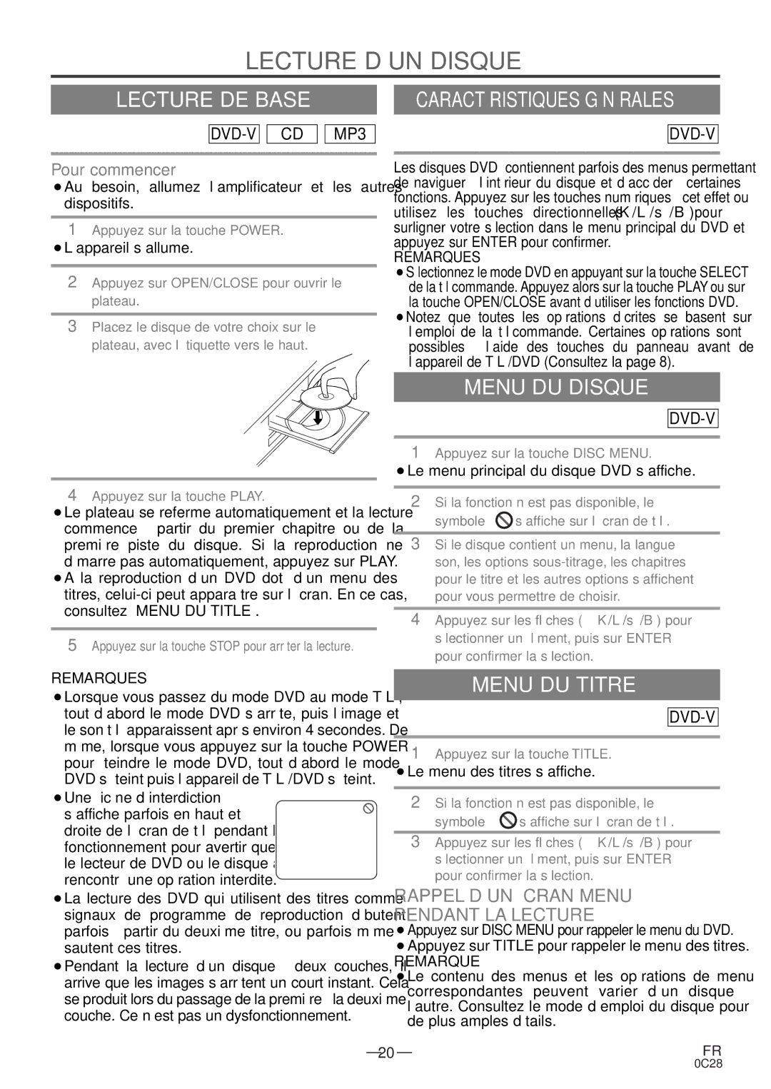 Sylvania C6513DE owner manual Lecture D’UN Disque, Lecture DE Base, Menu DU Disque, Menu DU Titre 