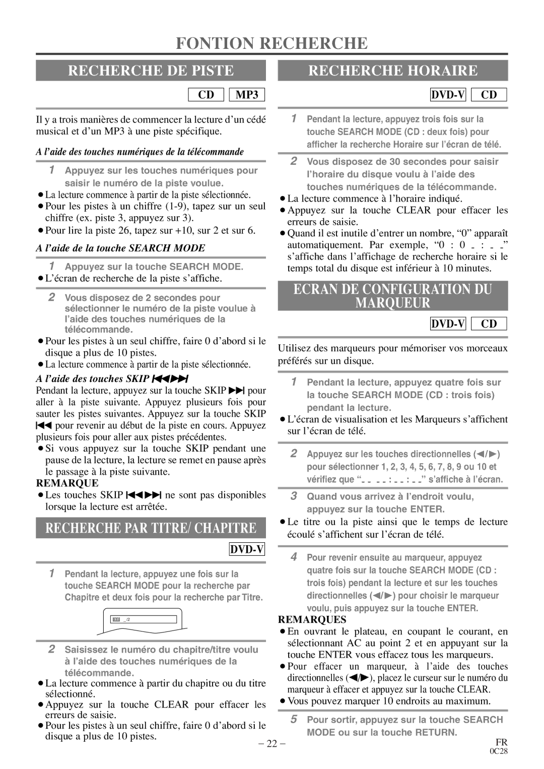 Sylvania C6513DE owner manual Fontion Recherche, Recherche DE Piste, Recherche Horaire, Ecran DE Configuration DU Marqueur 