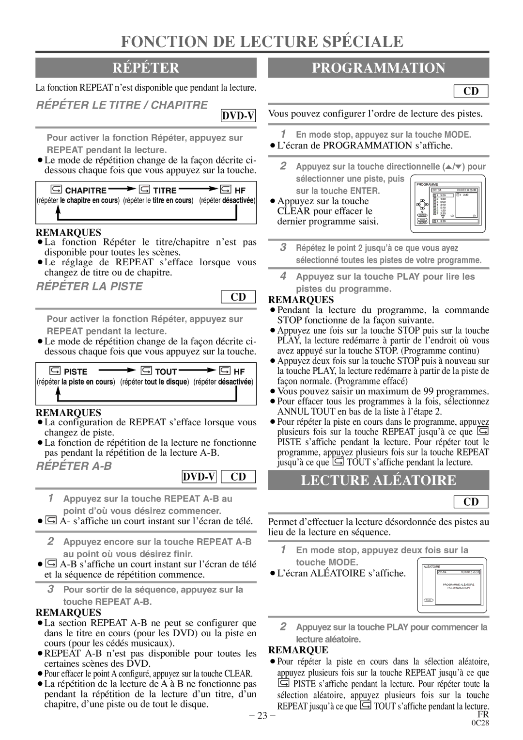 Sylvania C6513DE owner manual Fonction DE Lecture Spéciale, Répéterprogrammation, Lecture Aléatoire 