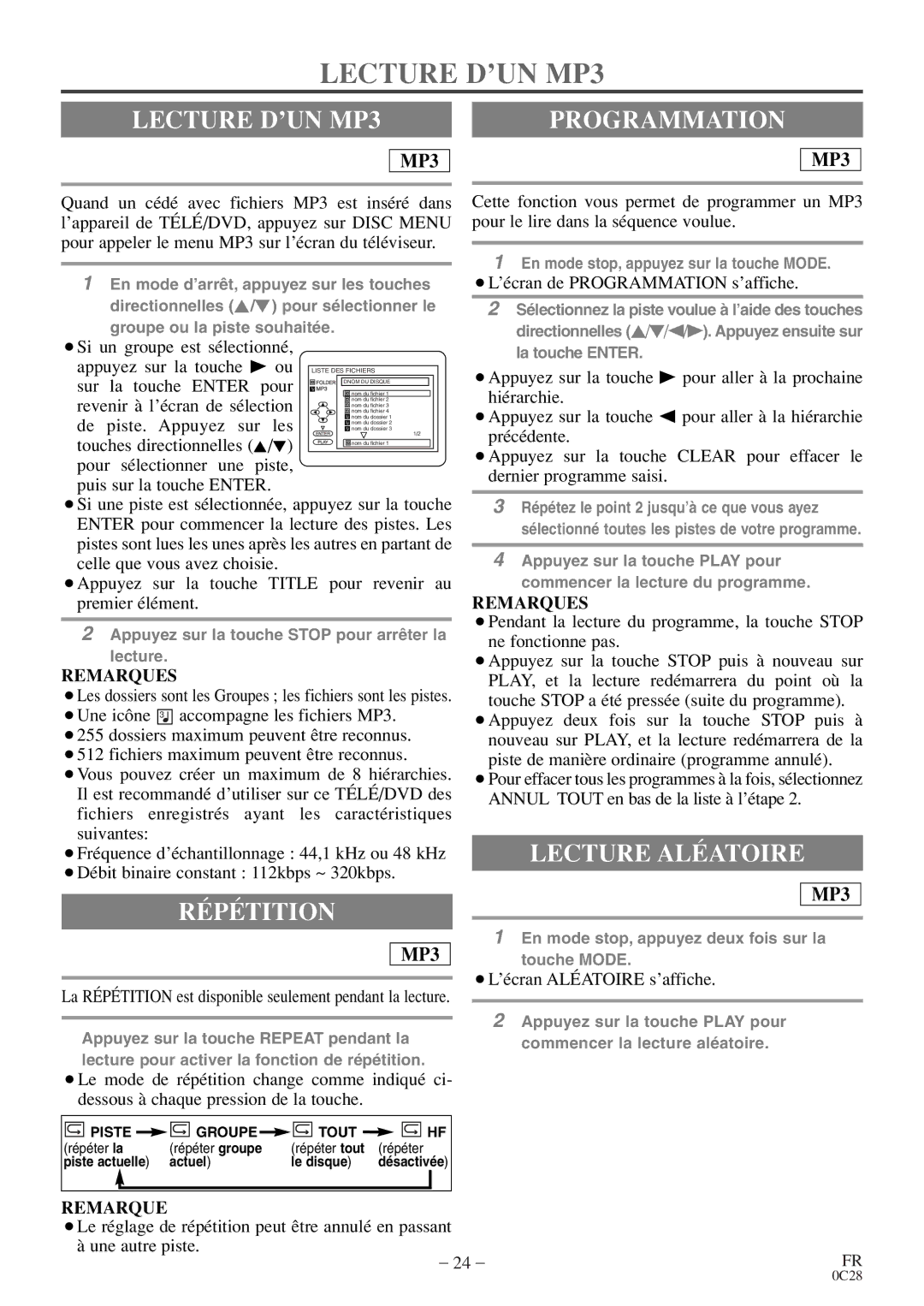 Sylvania C6513DE owner manual Lecture D’UN MP3, Programmation, Répétition 