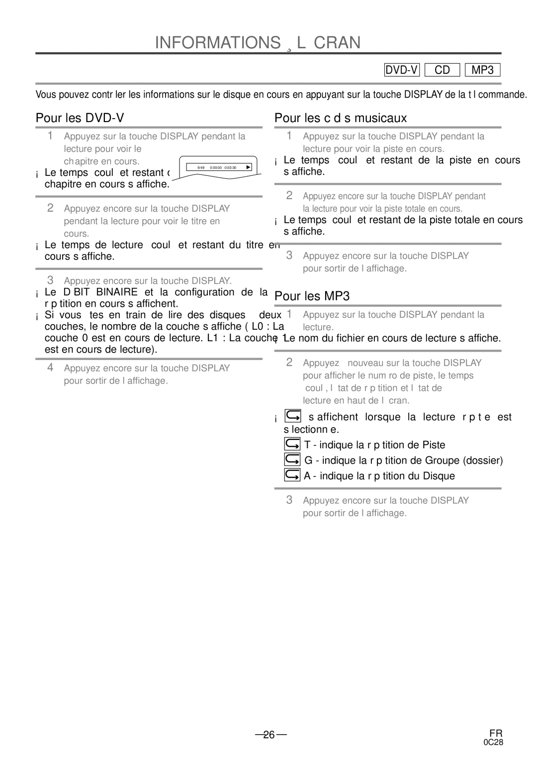 Sylvania C6513DE owner manual Informations À L’ÉCRAN, ¡Le nom du fichier en cours de lecture s’affiche 