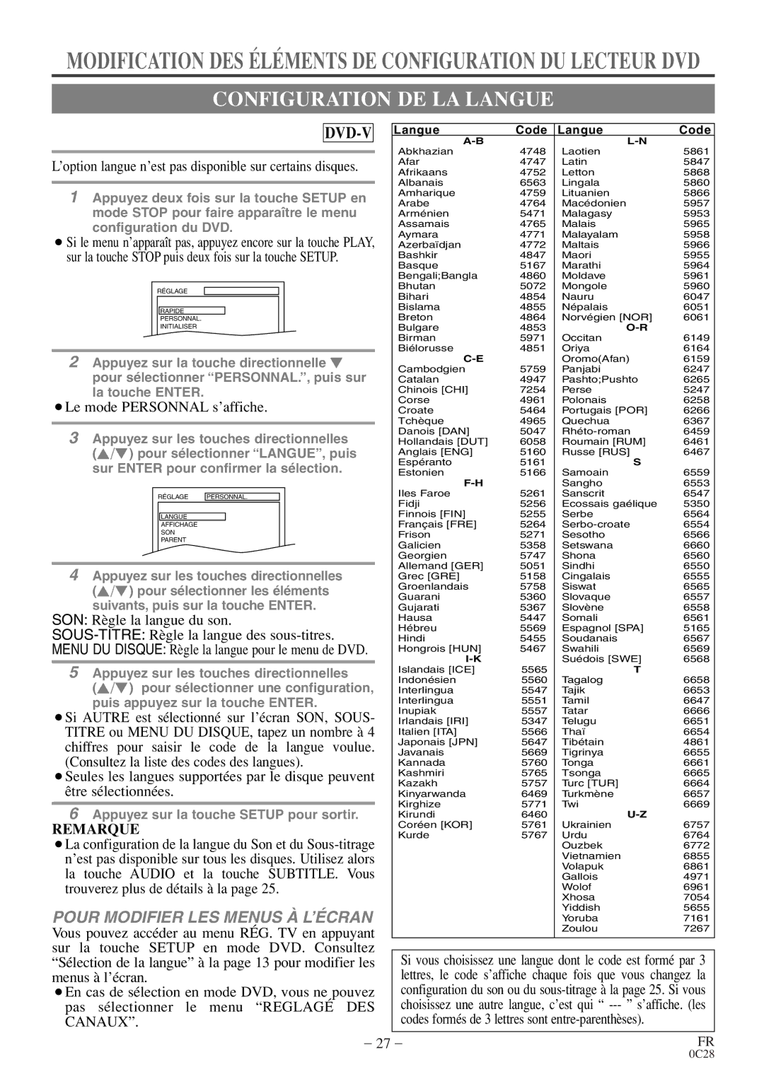 Sylvania C6513DE owner manual Configuration DE LA Langue, ¡Le mode Personnal s’affiche 