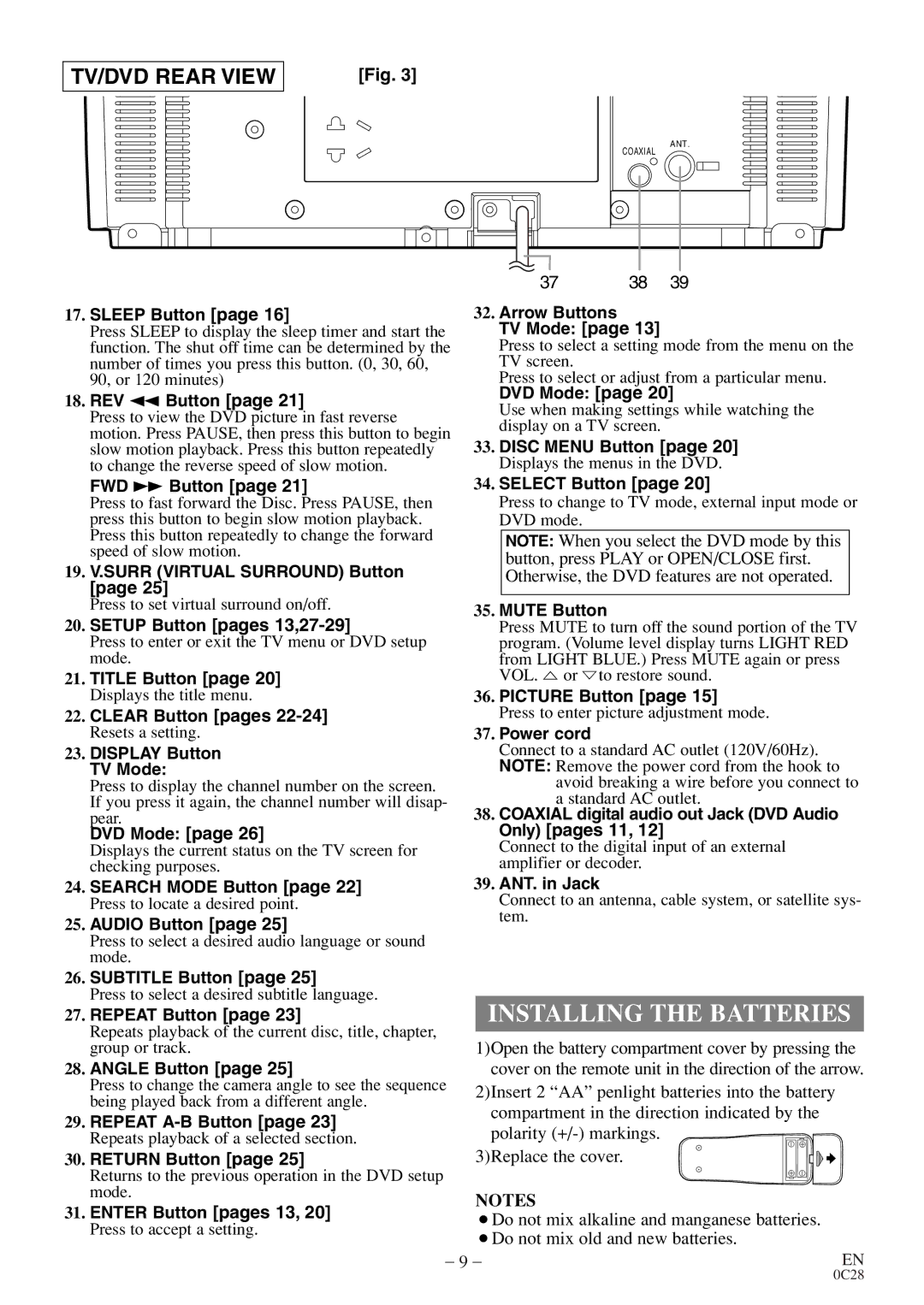 Sylvania C6513DE owner manual Installing the Batteries 