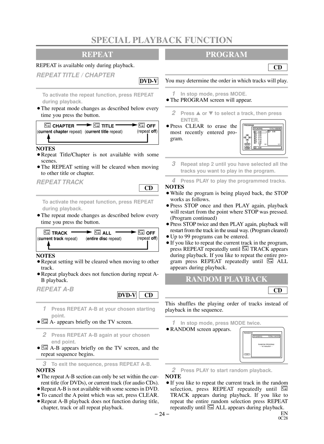 Sylvania C6519DD, C6513DD owner manual Special Playback Function, Repeat, Random Playback 