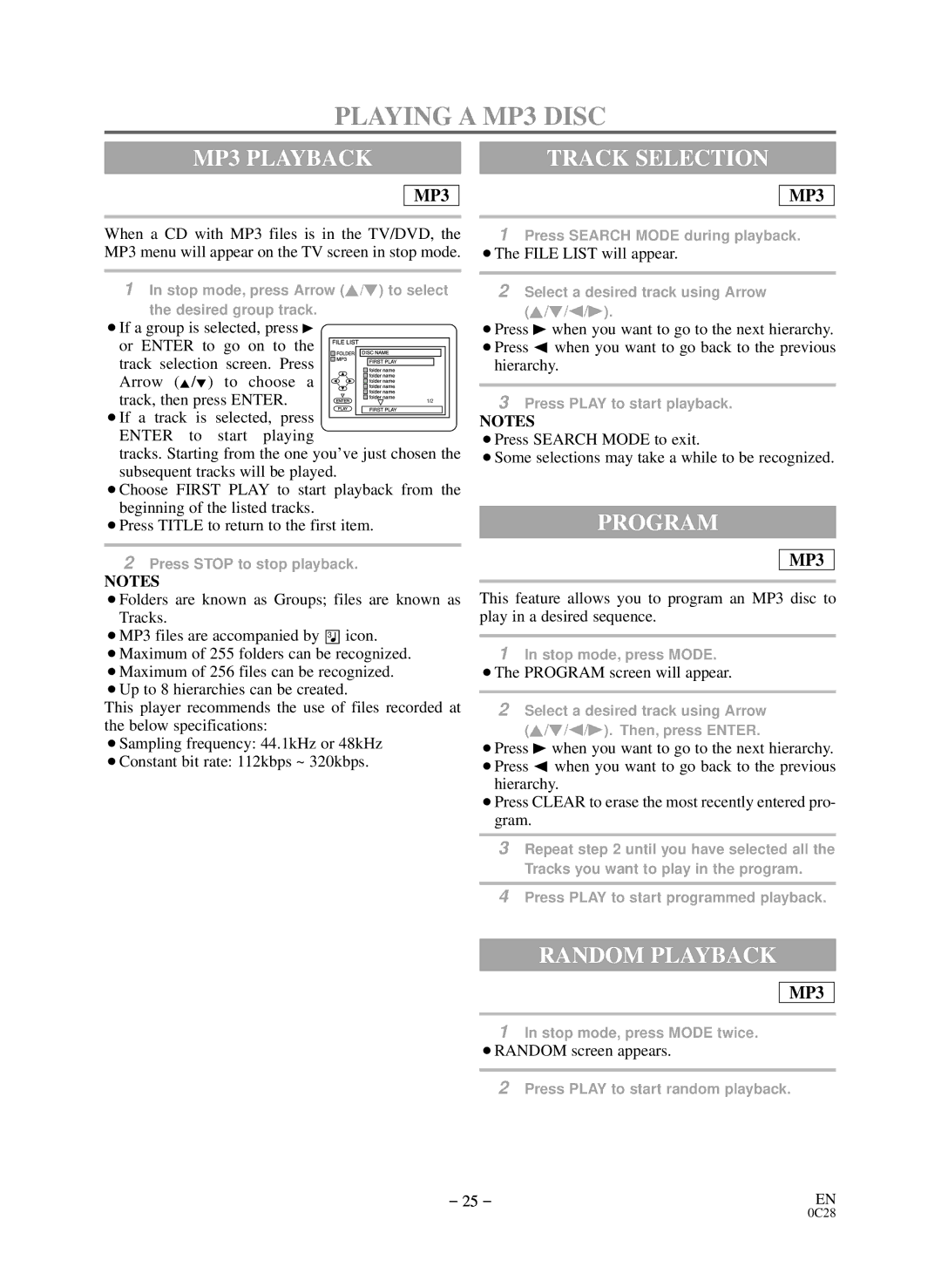 Sylvania C6513DD, C6519DD Playing a MP3 Disc, MP3 Playback, Track Selection, Program, ¡The File List will appear 