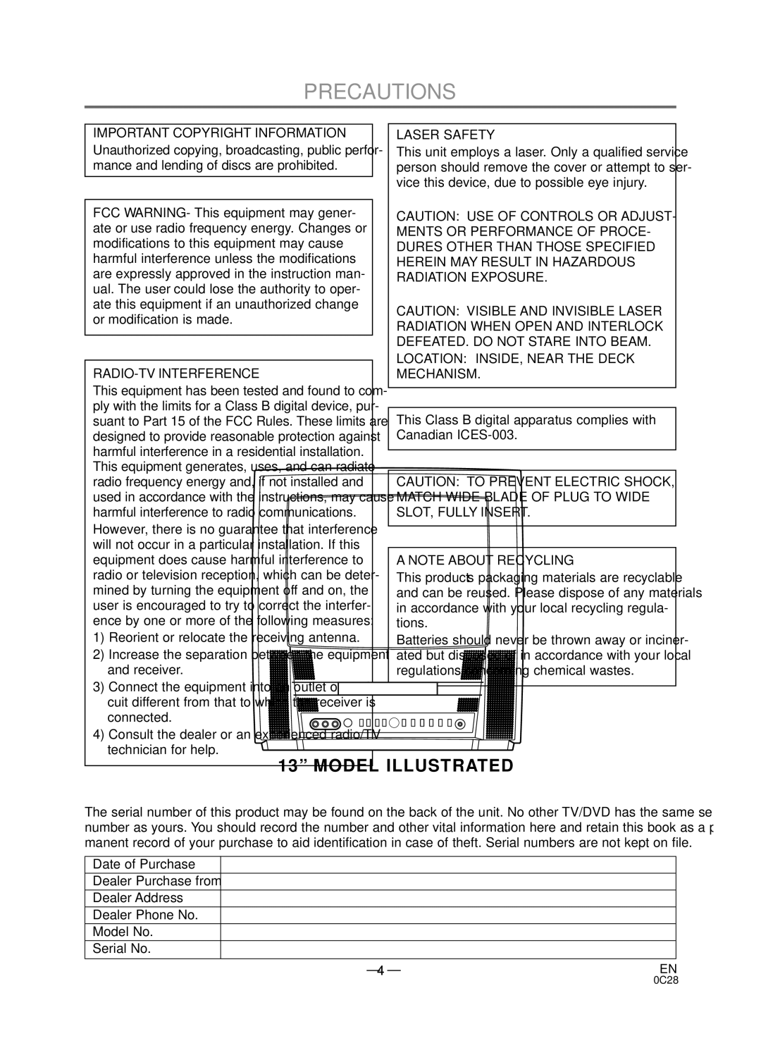 Sylvania C6519DD, C6513DD owner manual Precautions, Important Copyright Information 